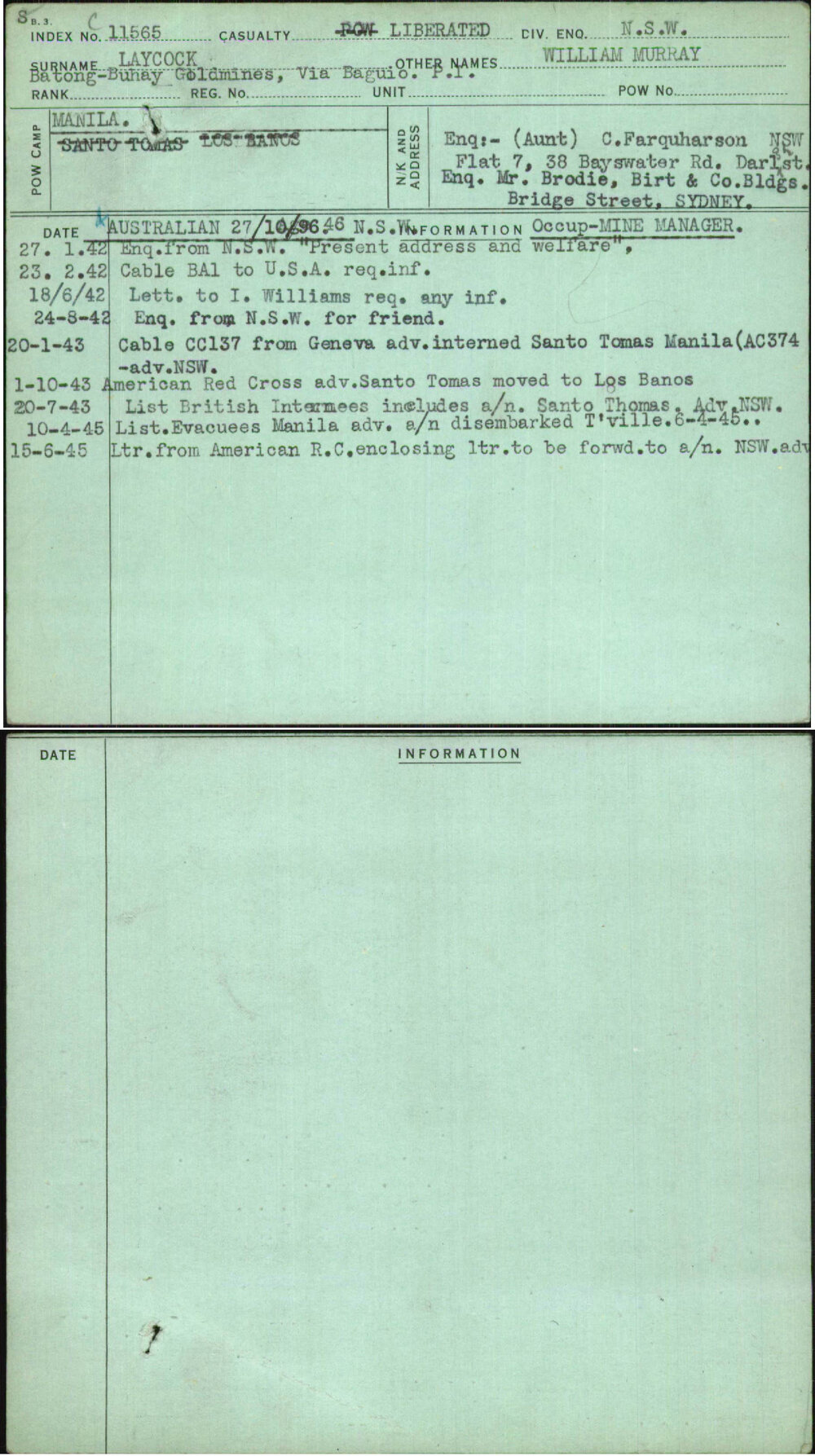 Laycock, William Murray, [No Service Number]