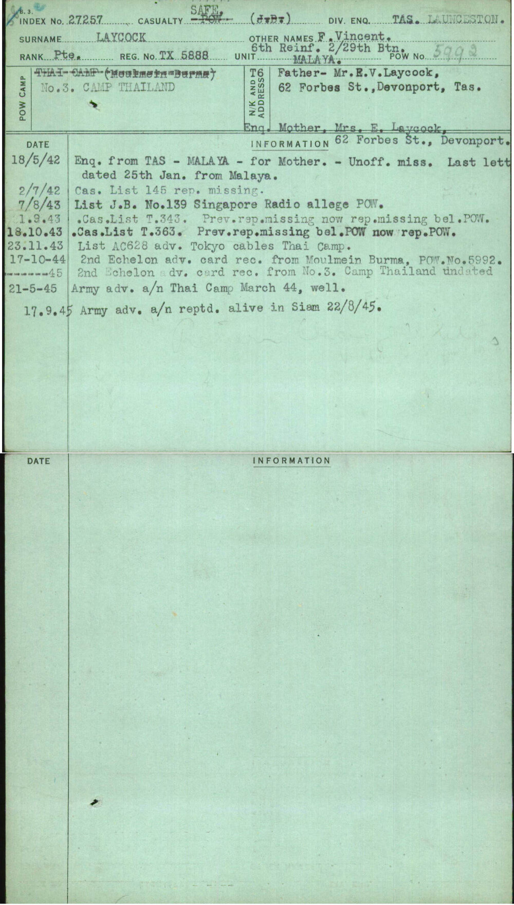 Laycock, F Vincent, TX5888