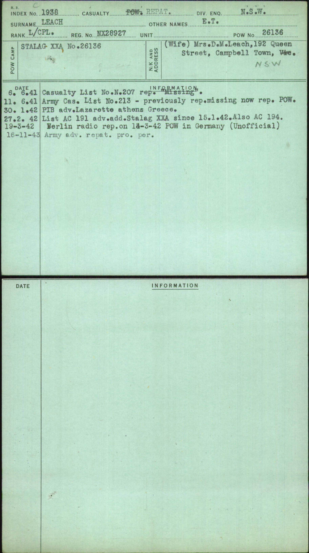 Leach, E T, NX28927