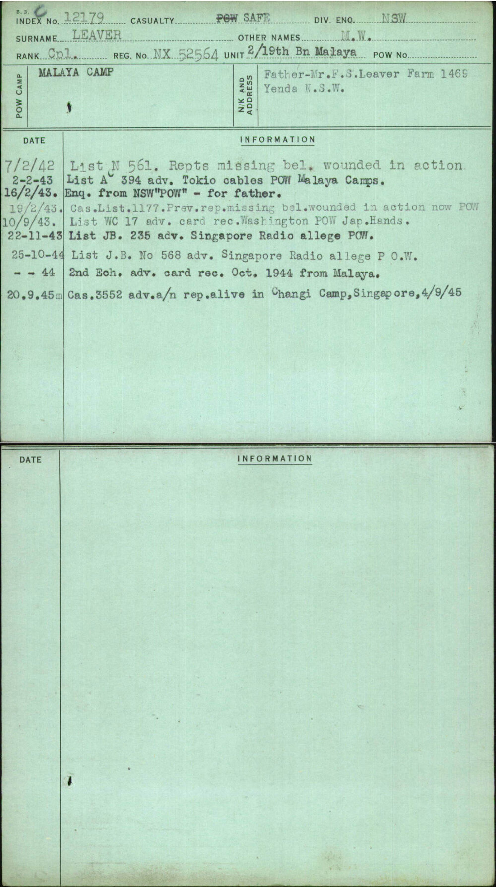 Leaver, M W, NX52564