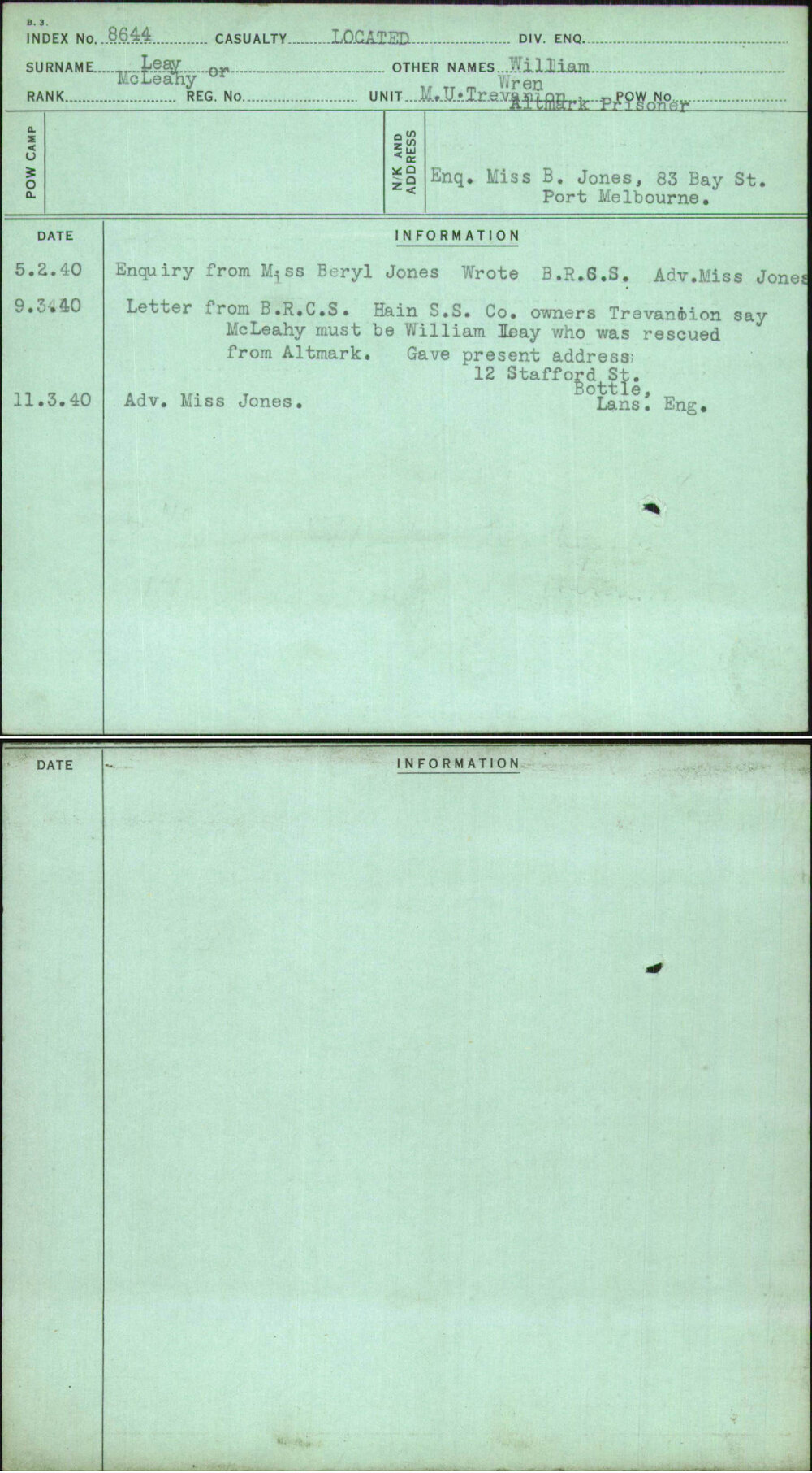 Leay Or Mcleahy, William, [No Service Number]