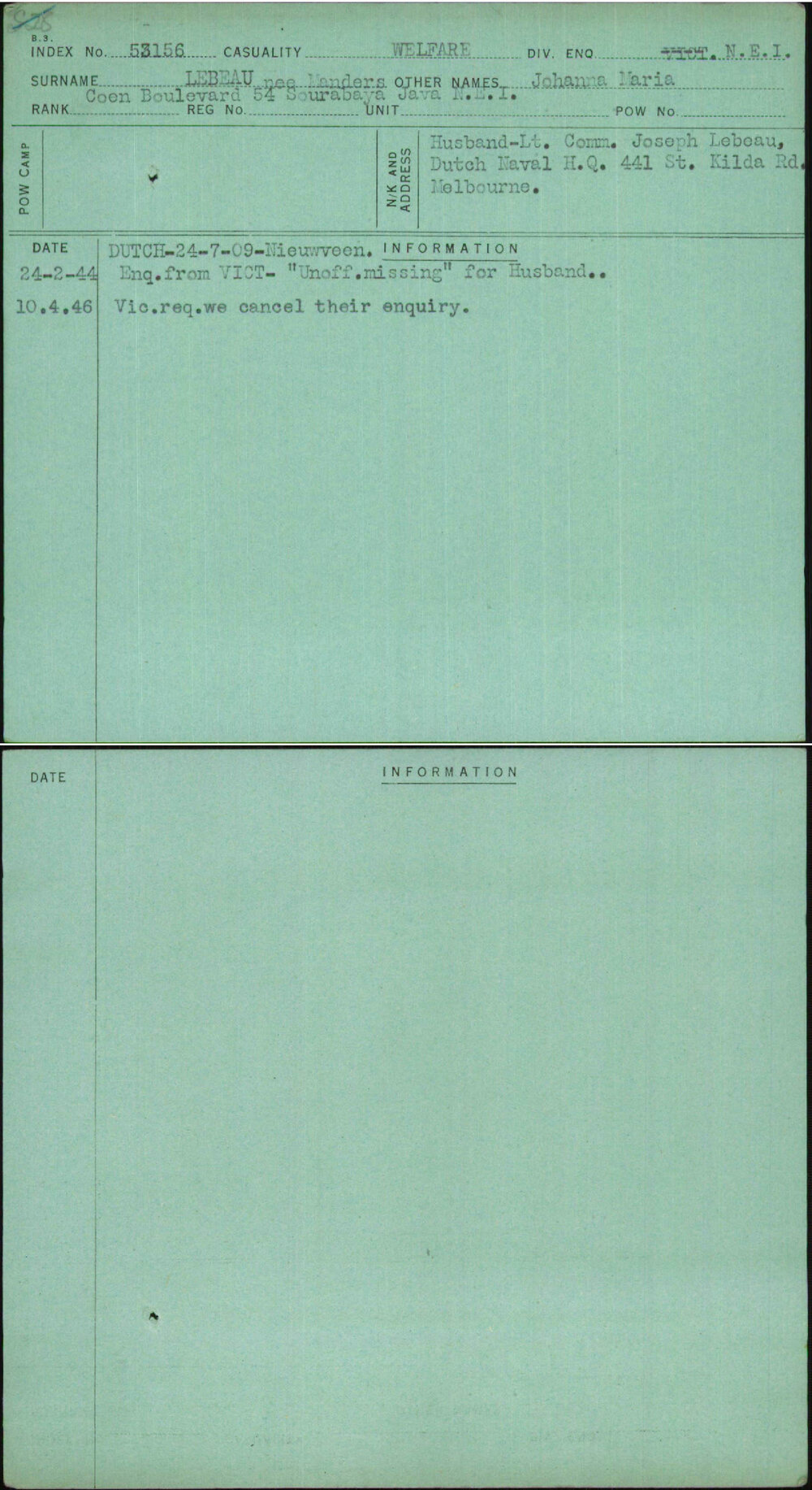 Lebeau, Johanna Maria, [No Service Number]