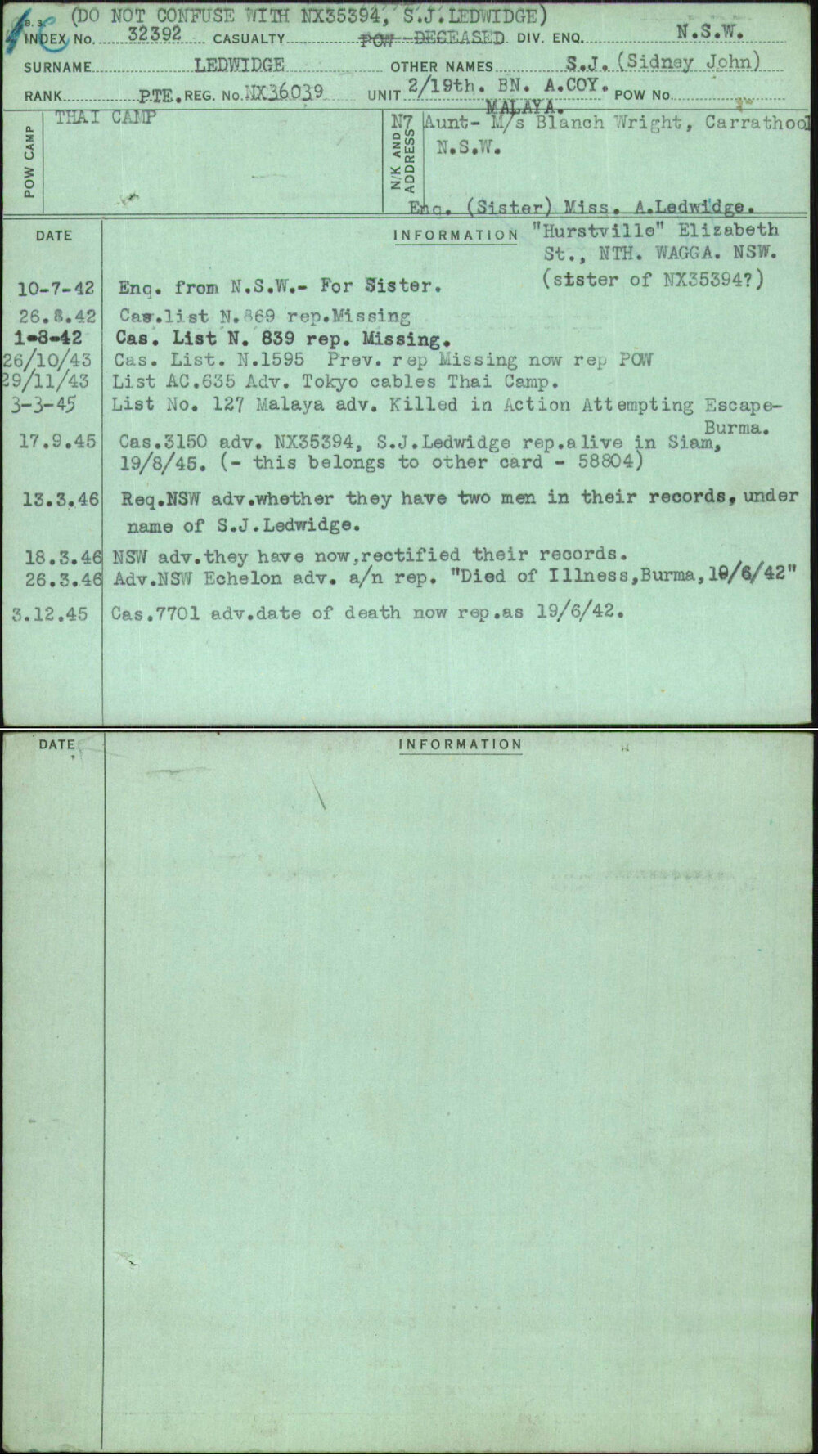 Ledwidge, S J (Sidney John), NX36039