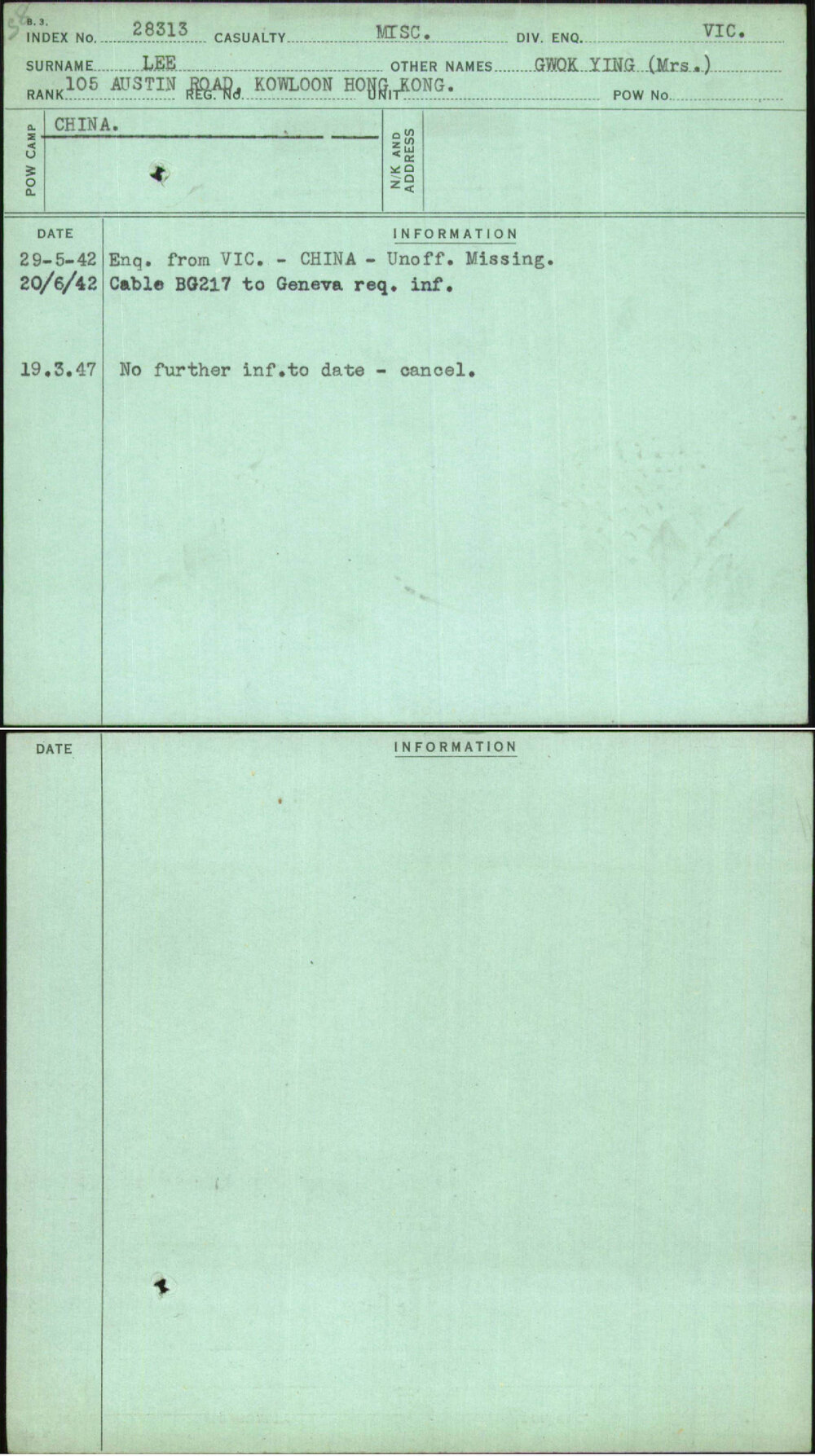 Lee, Gwok Ying (Mrs), [No Service Number]