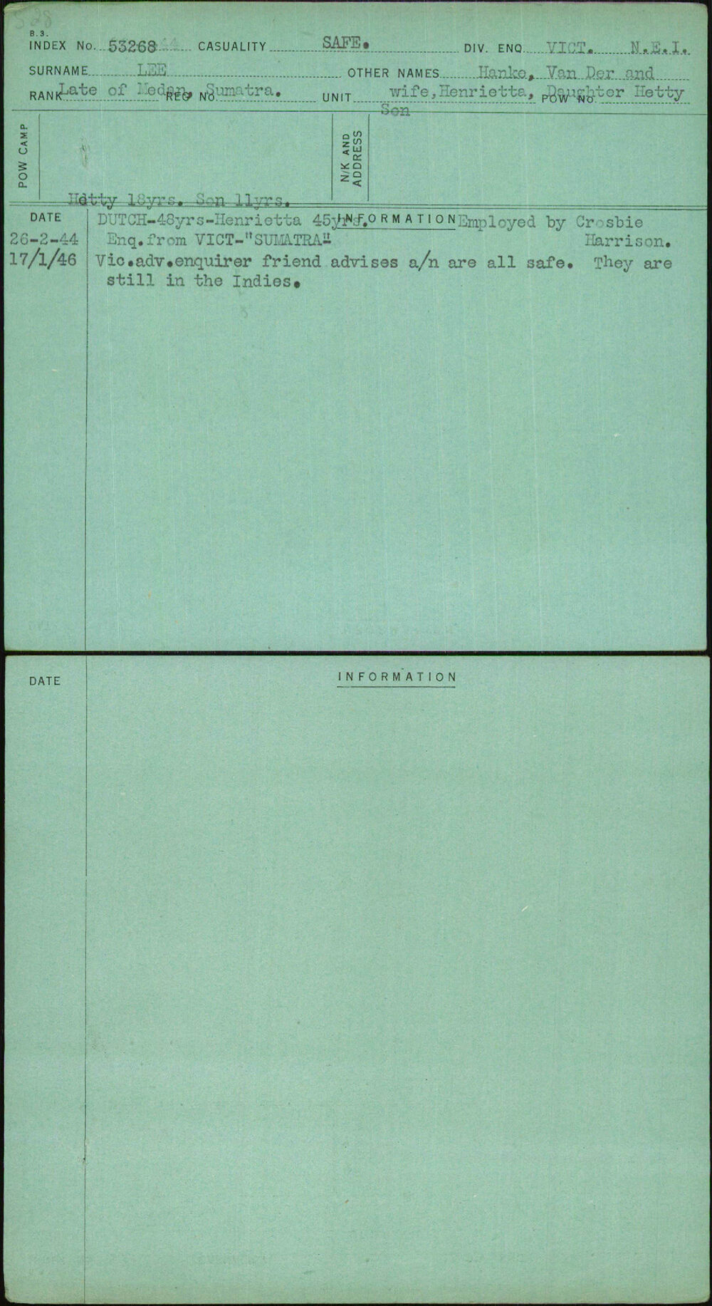 Lee, Hanke Van Der And Wife Henrietta Daughter Hetty, [No Service Number]