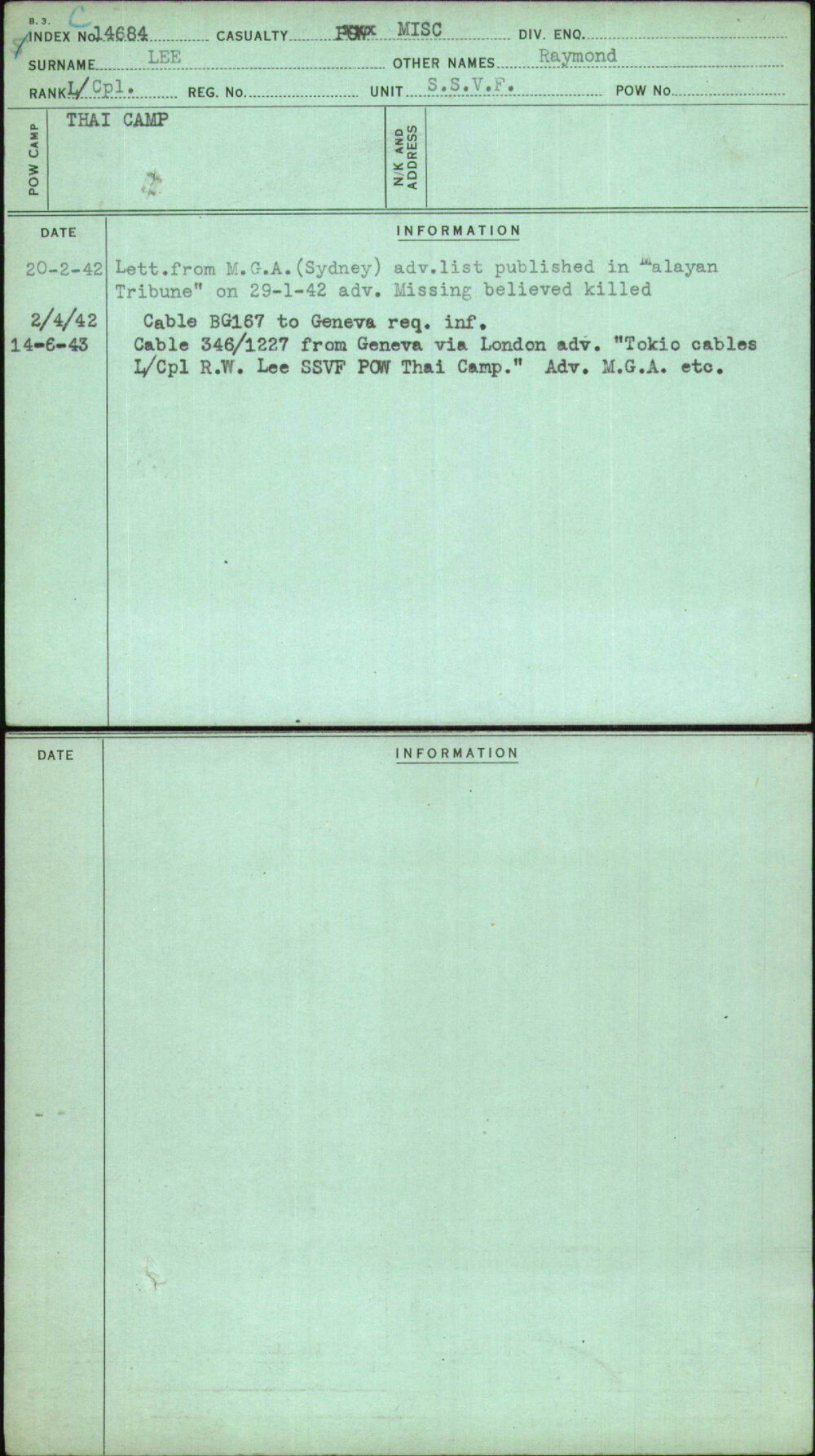 Lee, Raymond, [No Service Number]