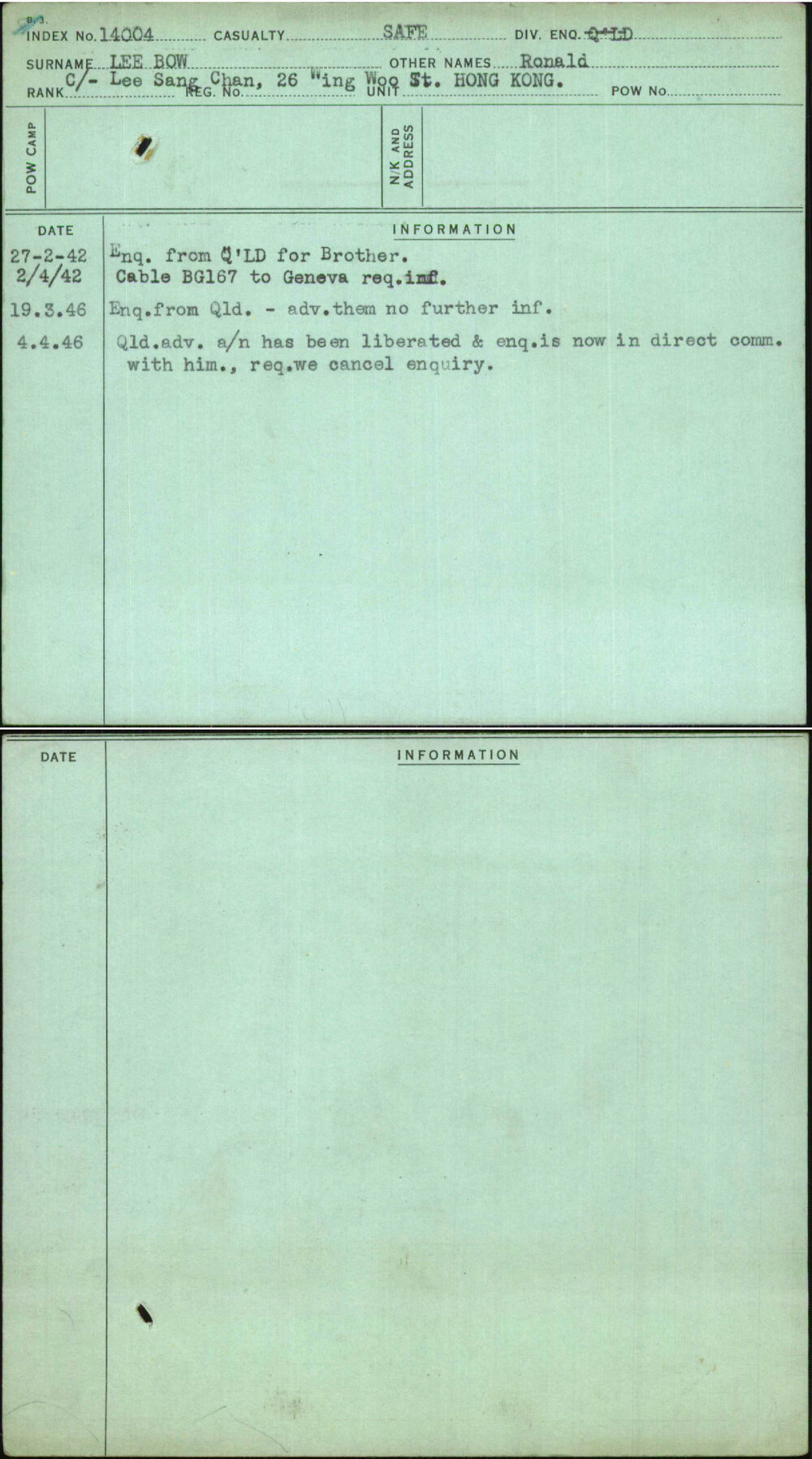 Lee Bow, Ronald, [No Service Number]