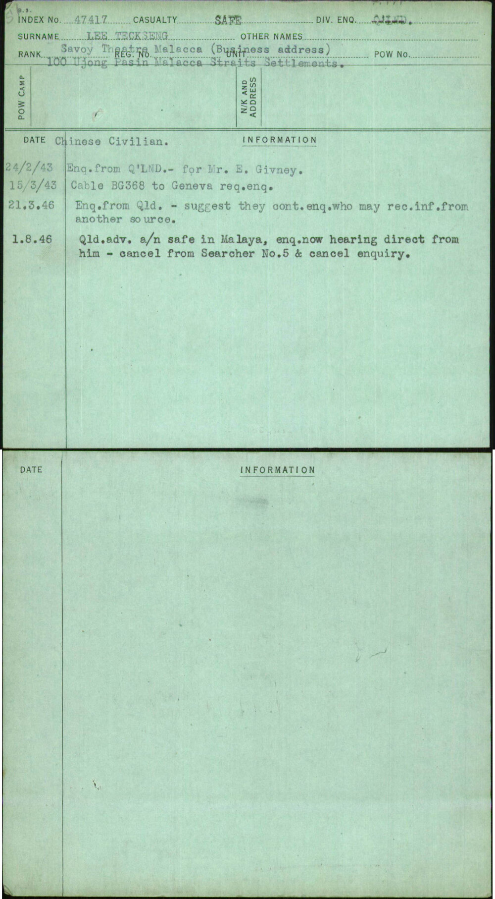 Lee Teckseng, [No Given Name], [No Service Number]