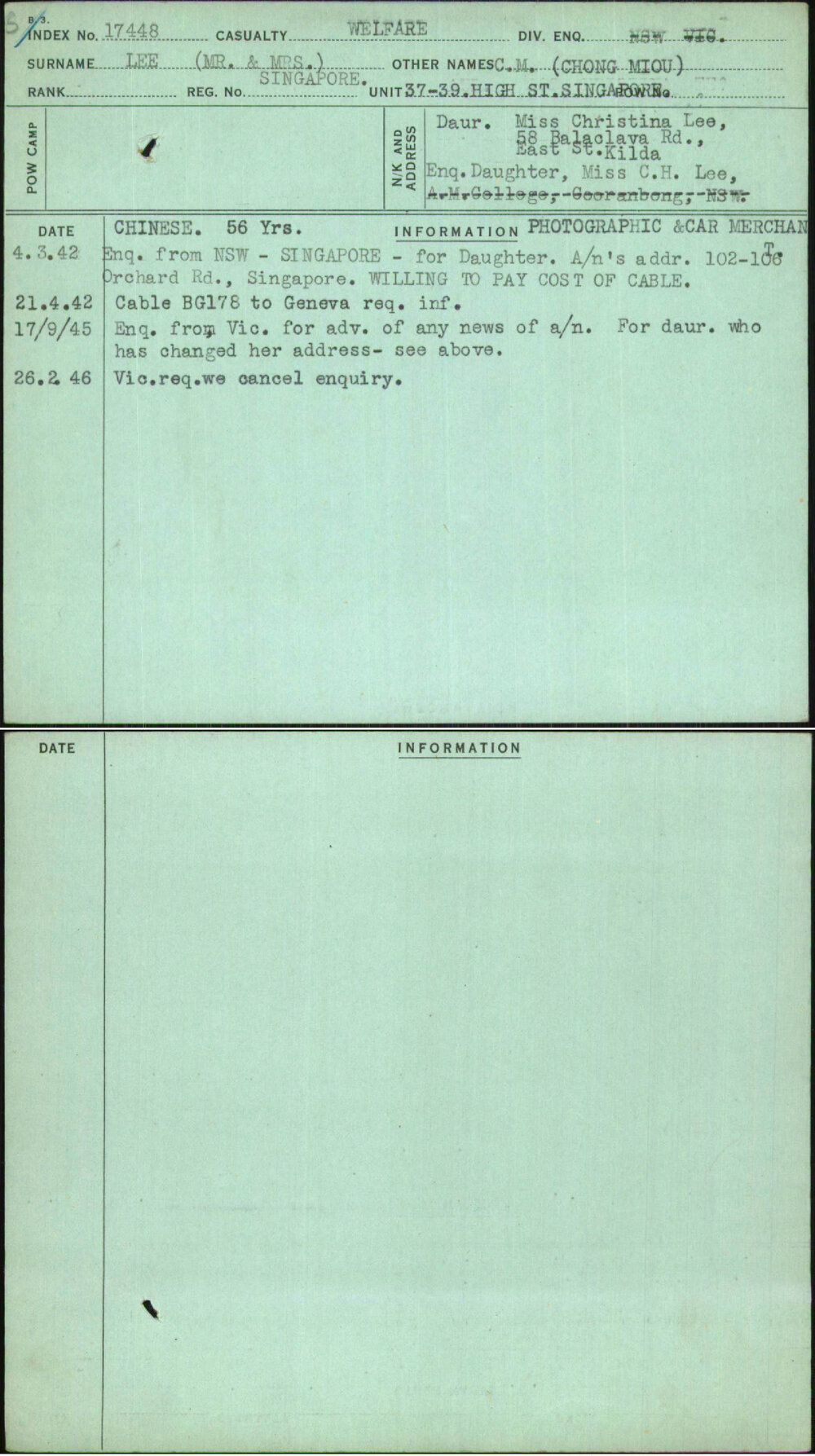 Lee (Mr &amp; Mrs), C M (Chong Miou), Singapore