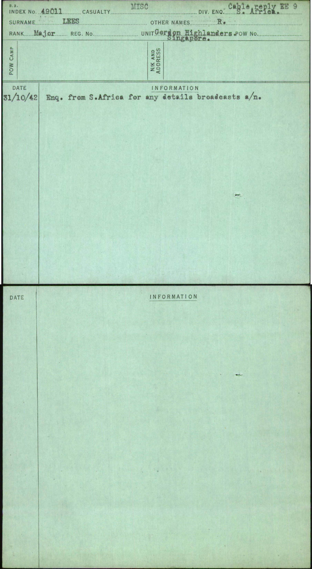 Lees, R, [No Service Number]