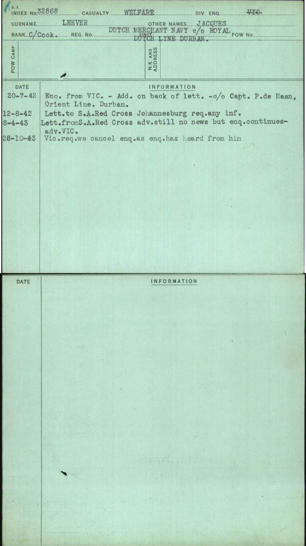 Leever, Jacques, [No Service Number]