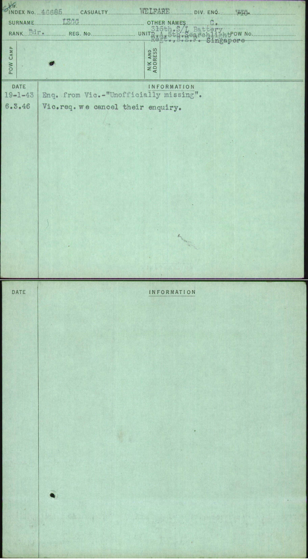 Legg, C, [No Service Number]