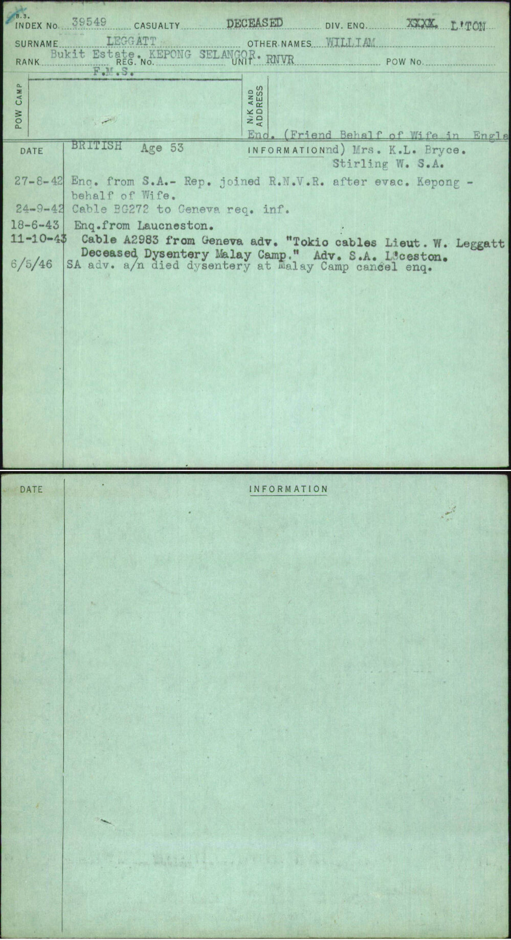 Leggatt, William, [No Service Number]