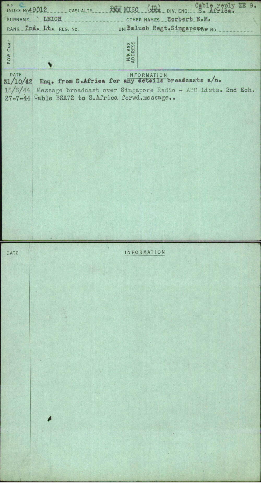 Leigh, Herbert E M, [No Service Number]