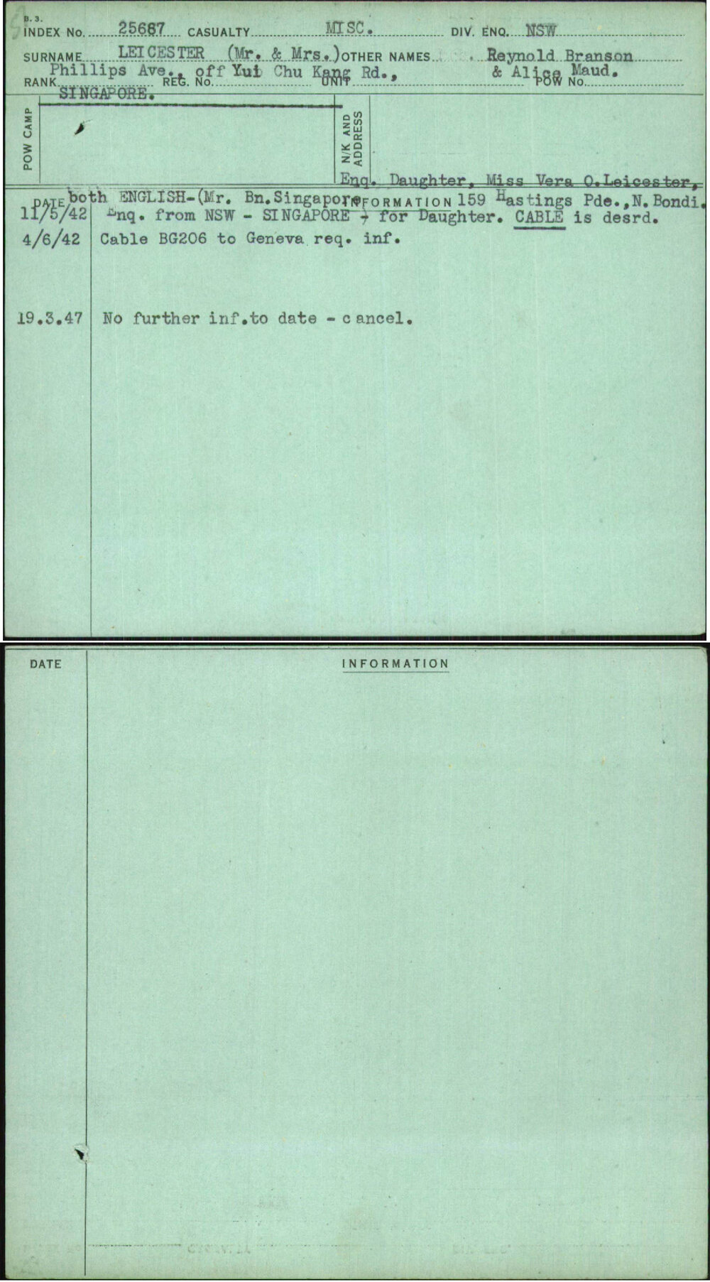 Leicester (Mr &amp; Mrs), Reynold Branson &amp; Alice Maud, [No Service Number]