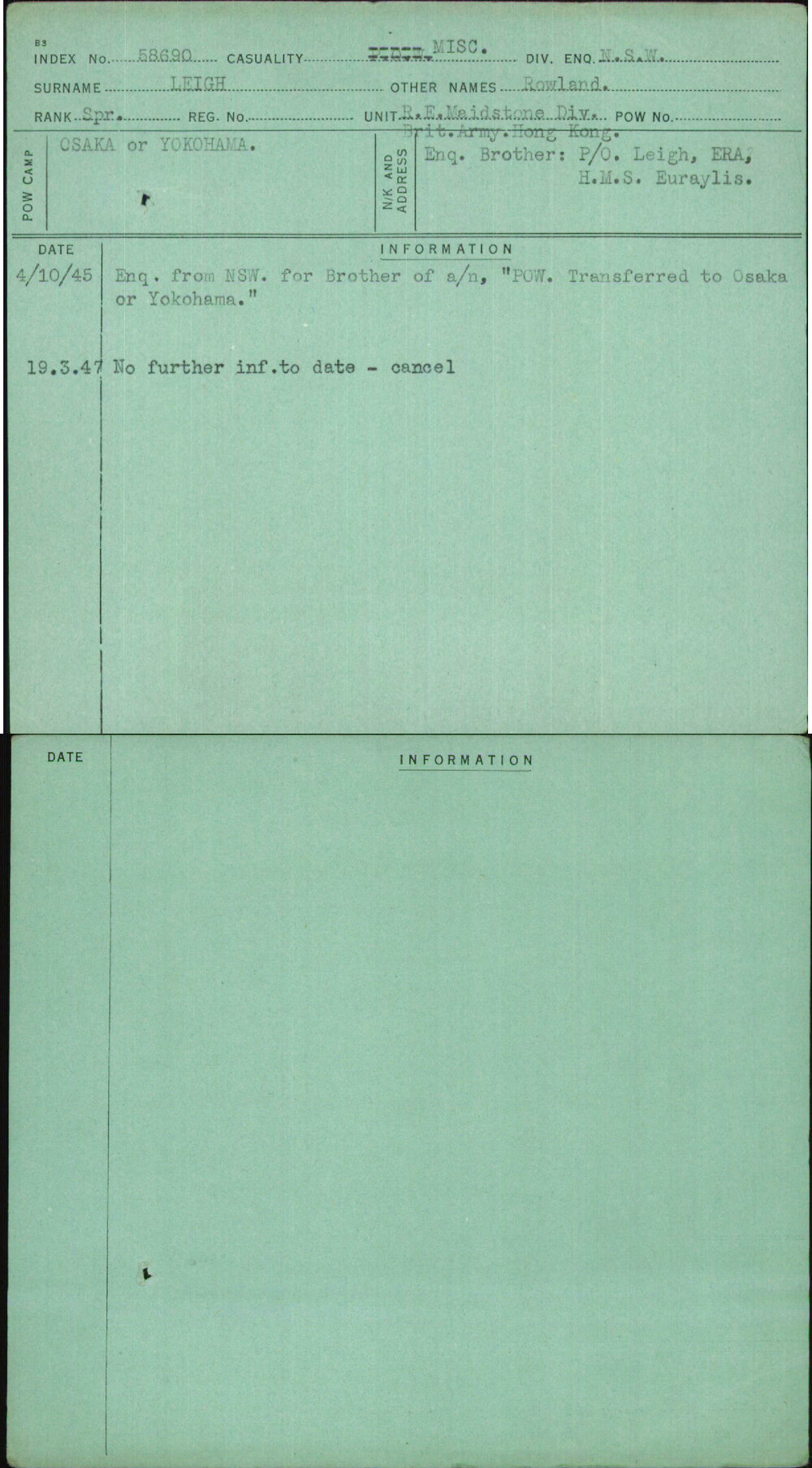 Leigh, Rowland, [No Service Number]