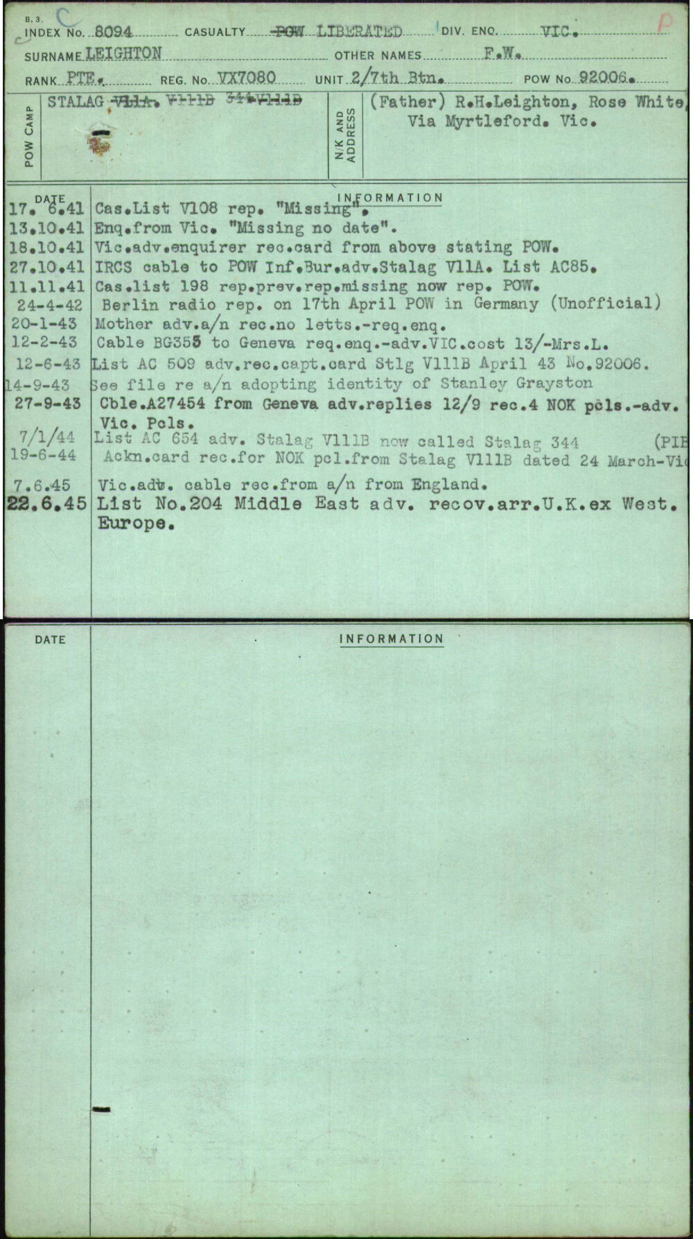 Leighton, F W, VX7080