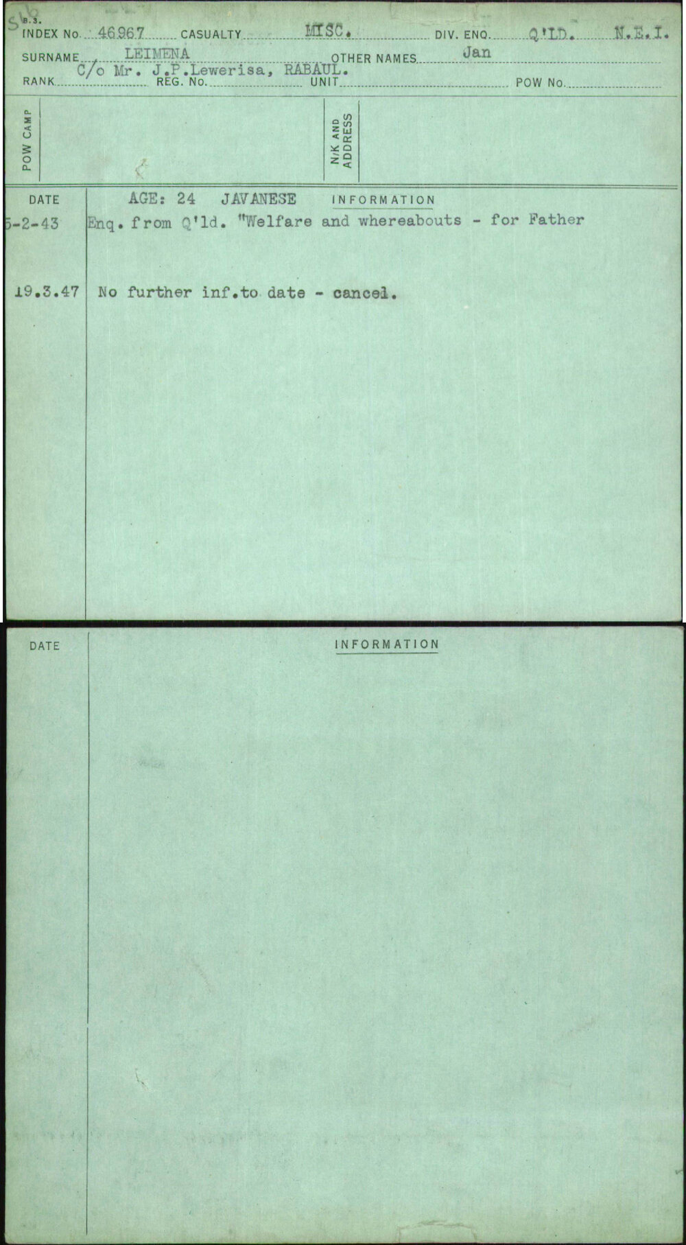 Leimena, Jan, [No Service Number]