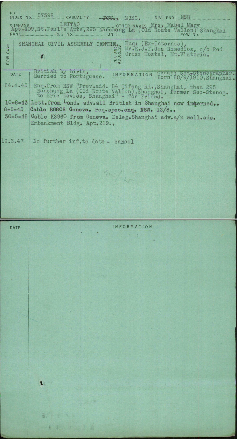Leitao, Mrs Mabel Mary, [No Service Number]