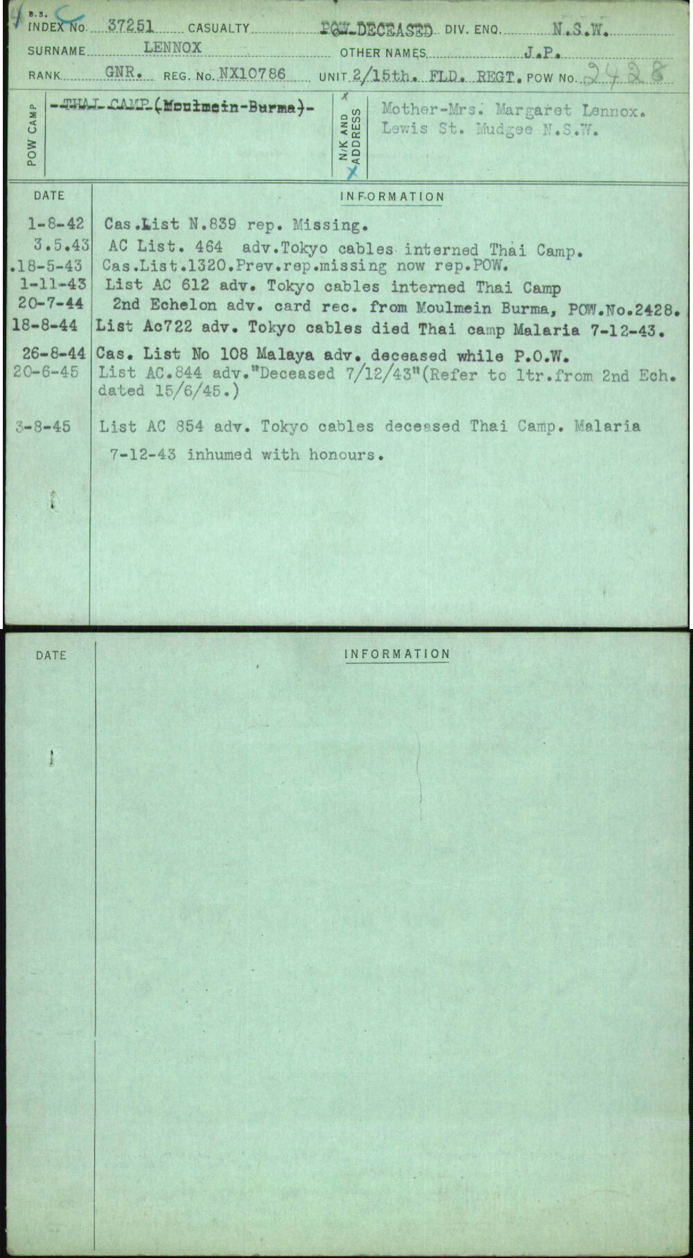 Lennox, J P, NX10786