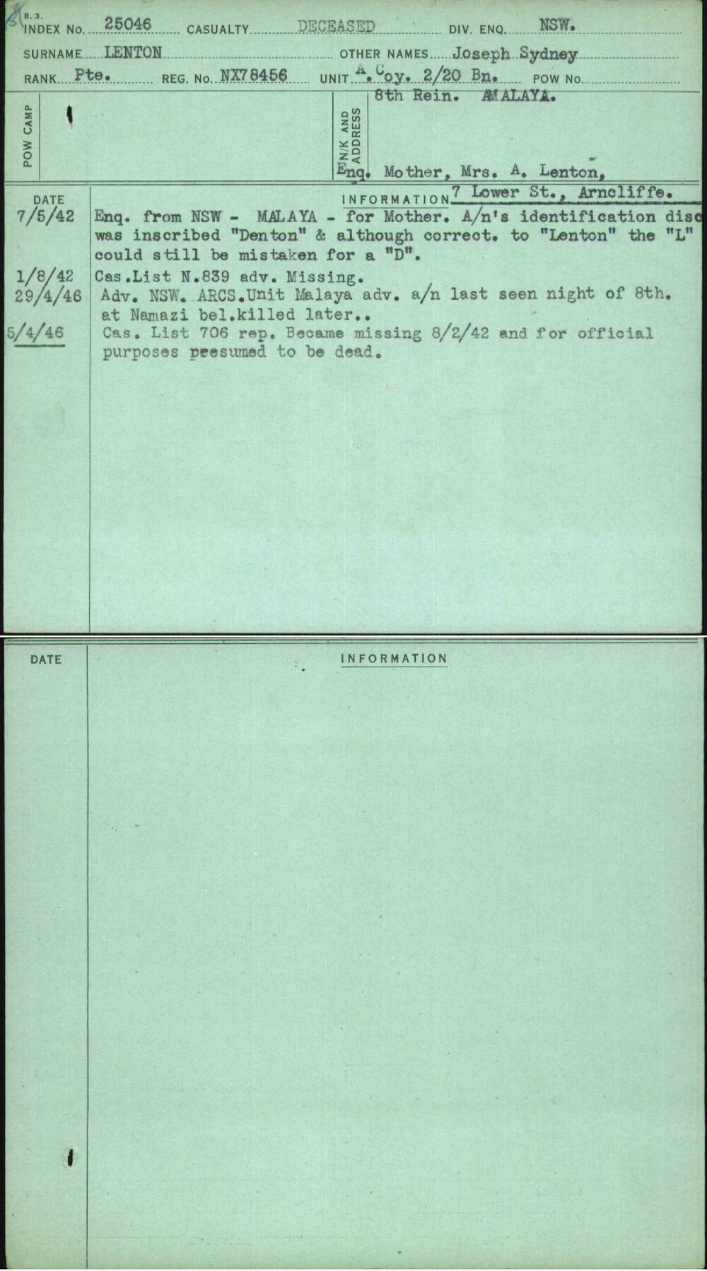 Lenton, Joseph Sydney, NX78456