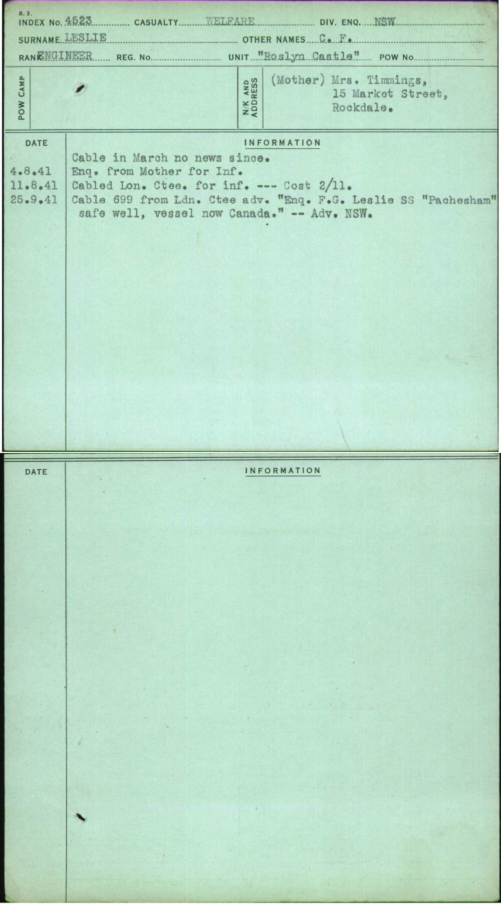 Leslie, C F, [No Service Number]