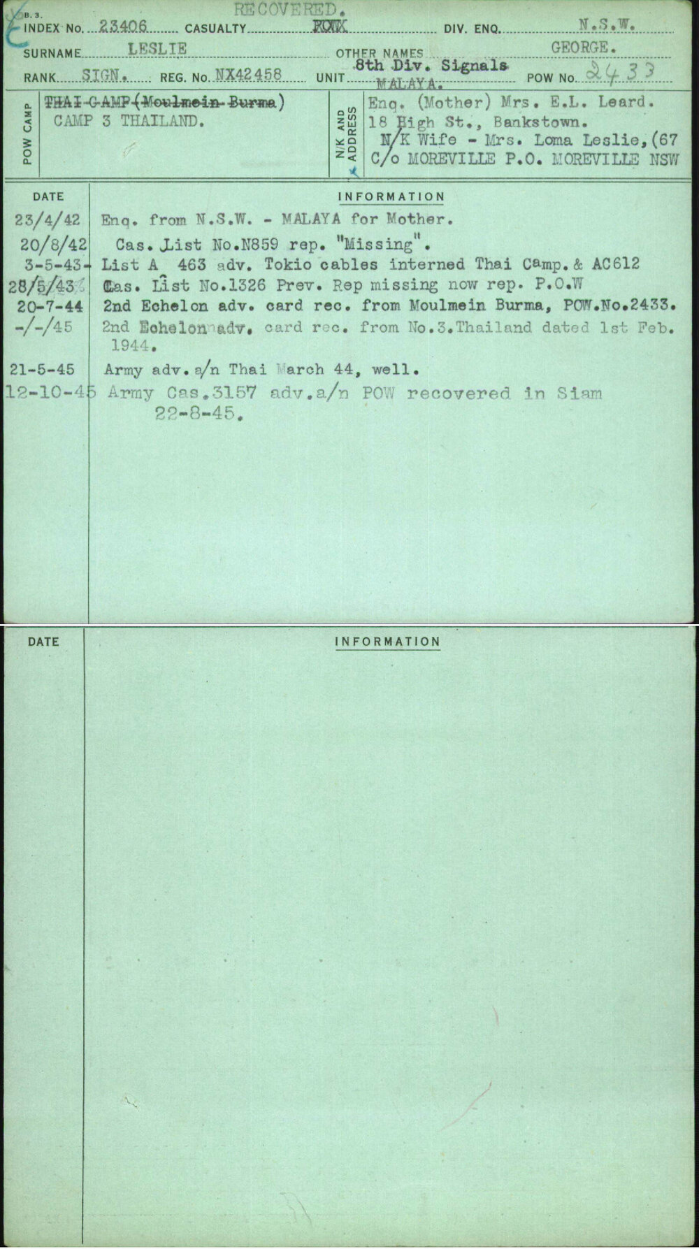 Leslie, George, NX42458