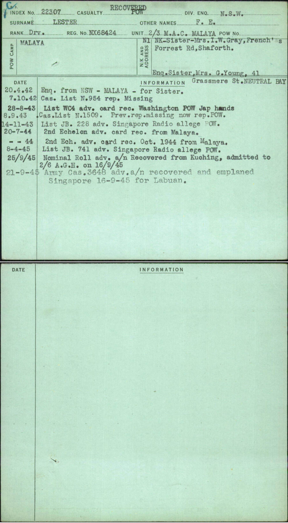 Lester, F E, NX68424