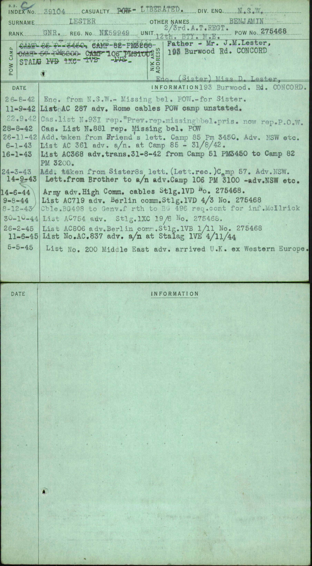 Lester, Benjamin, NX59949