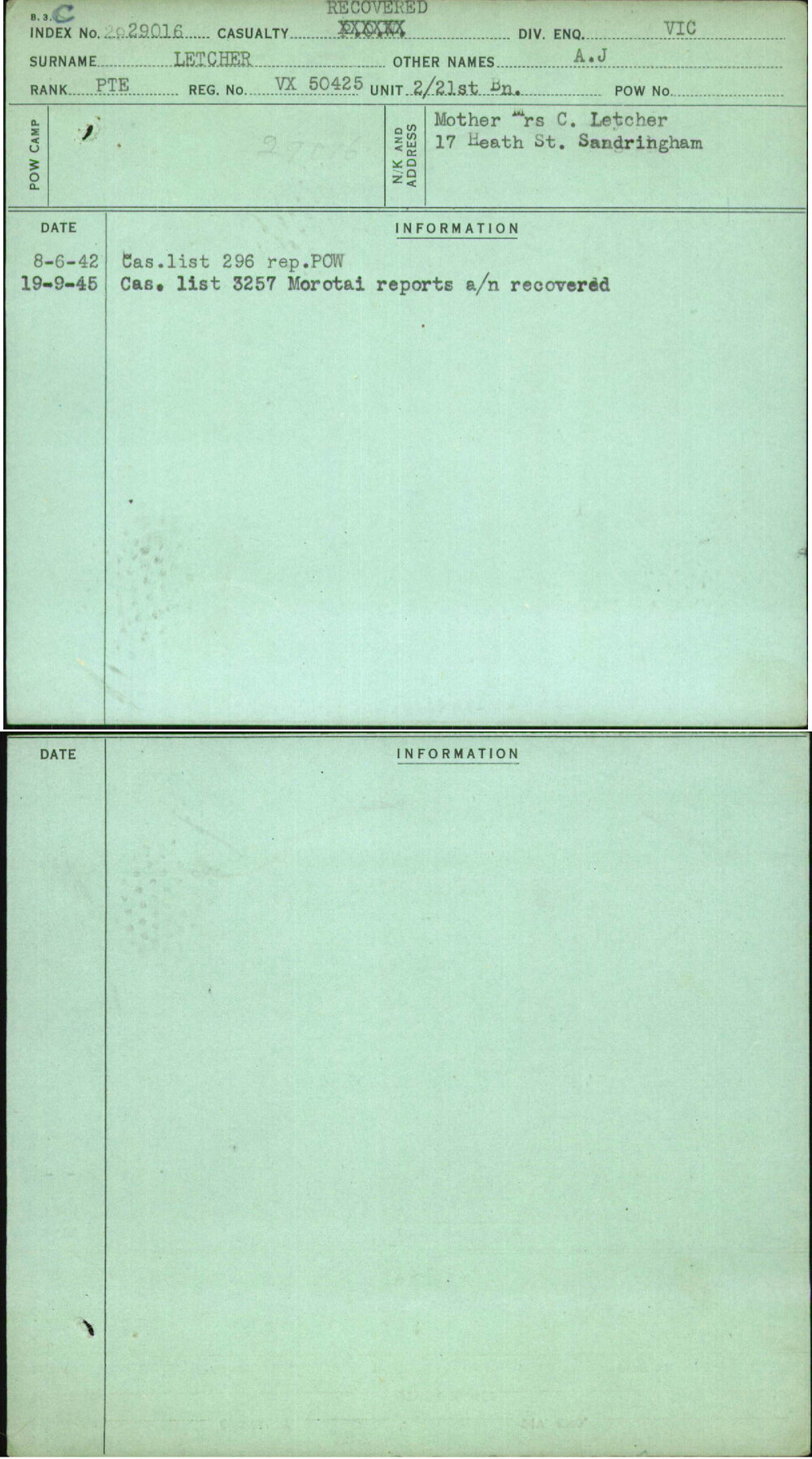 Letcher, A J, VX50425