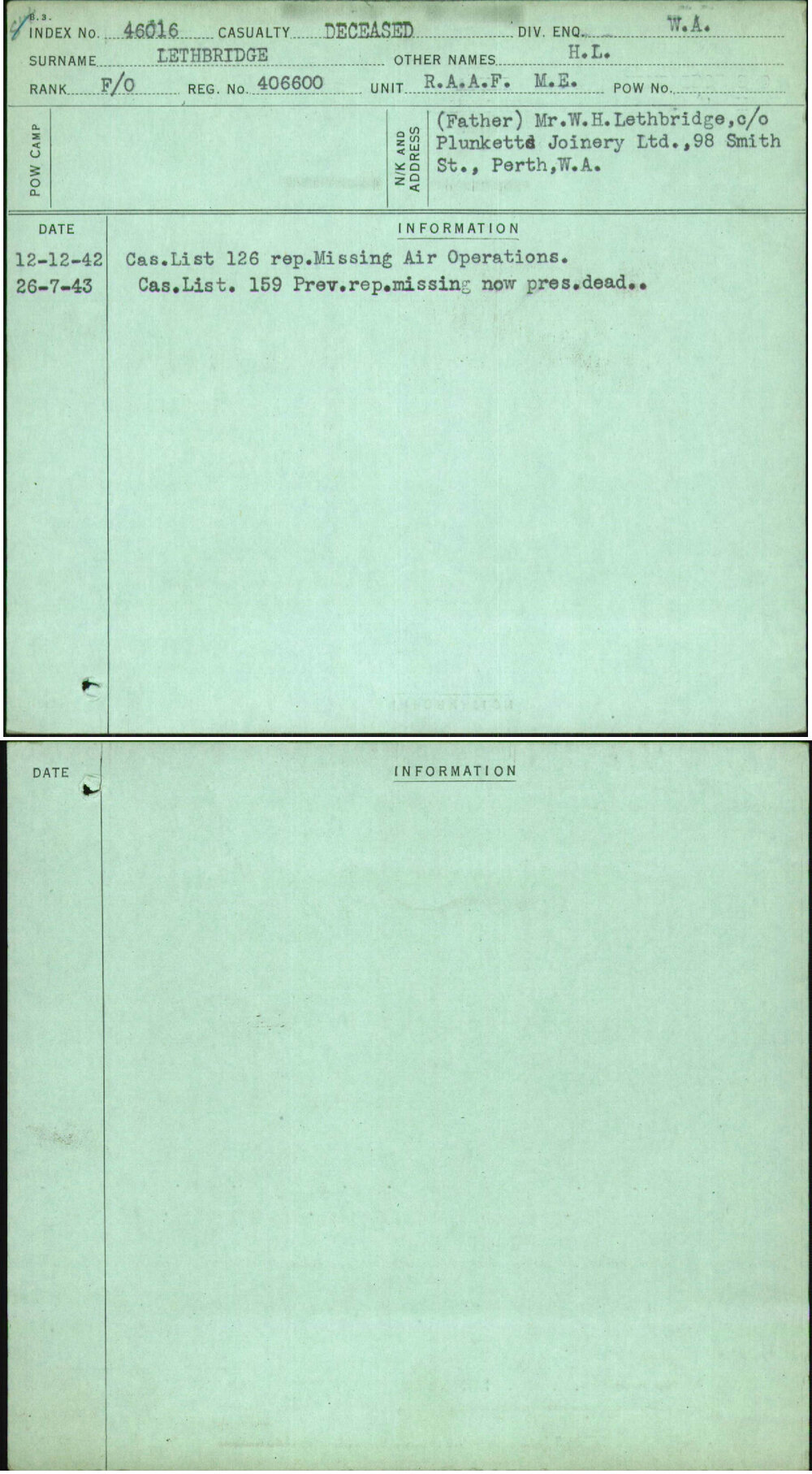 Lethbridge, H L, 406600