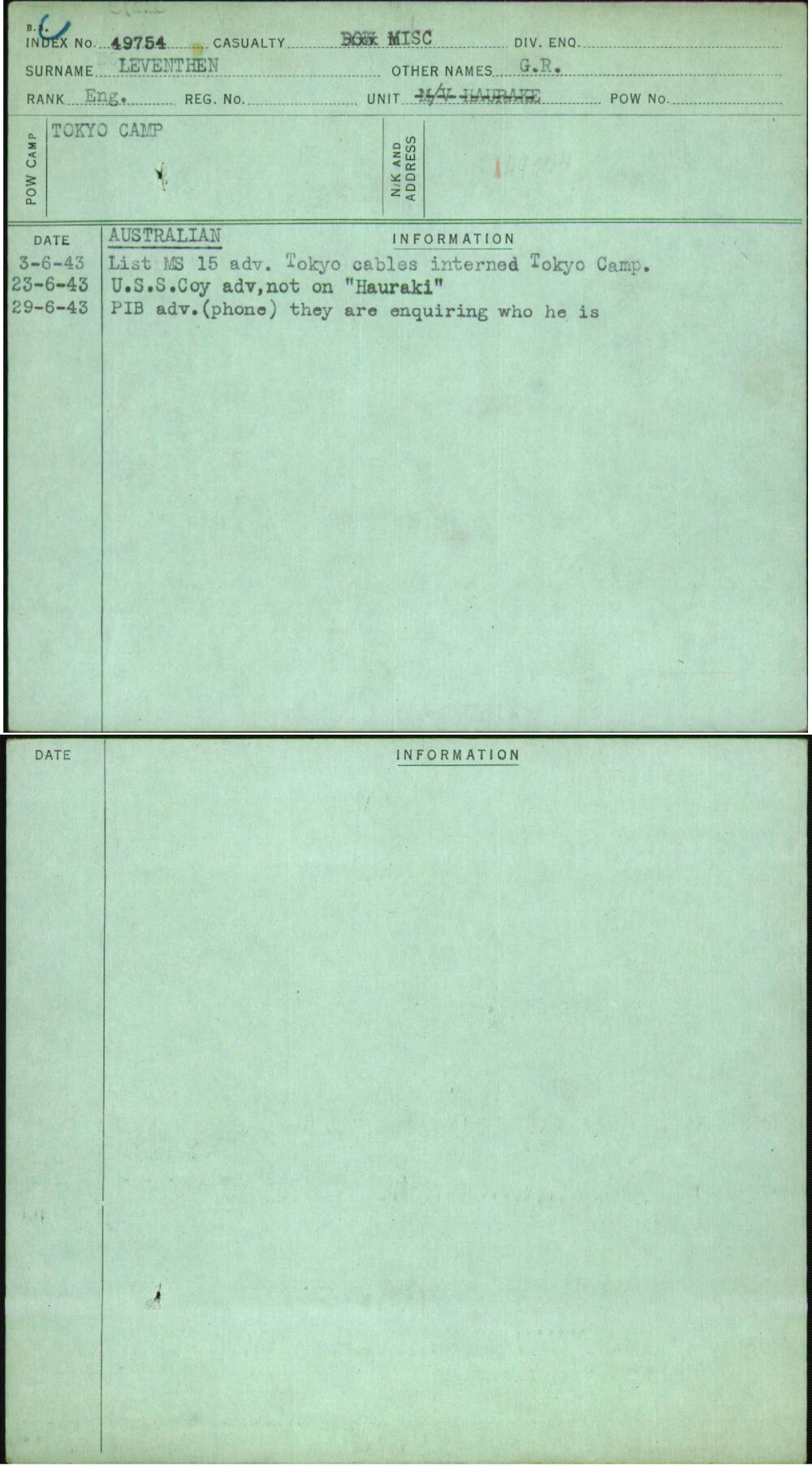 Leventhen, G R, [No Service Number]