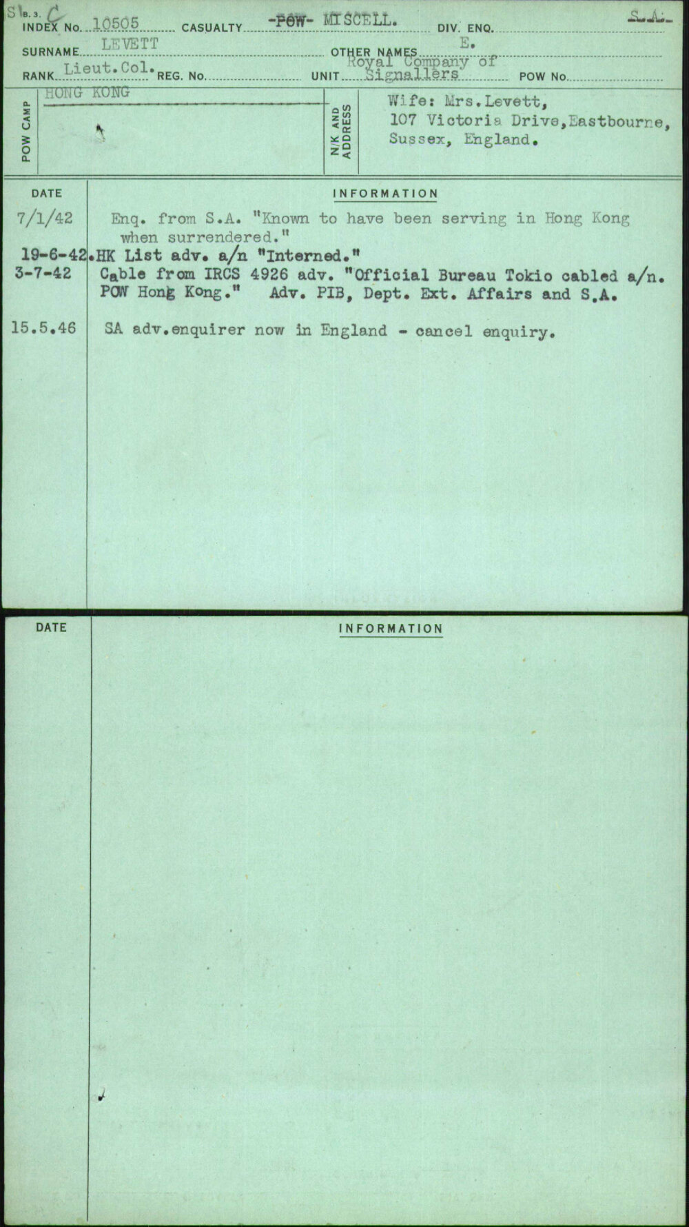 Levett, E, [No Service Number]