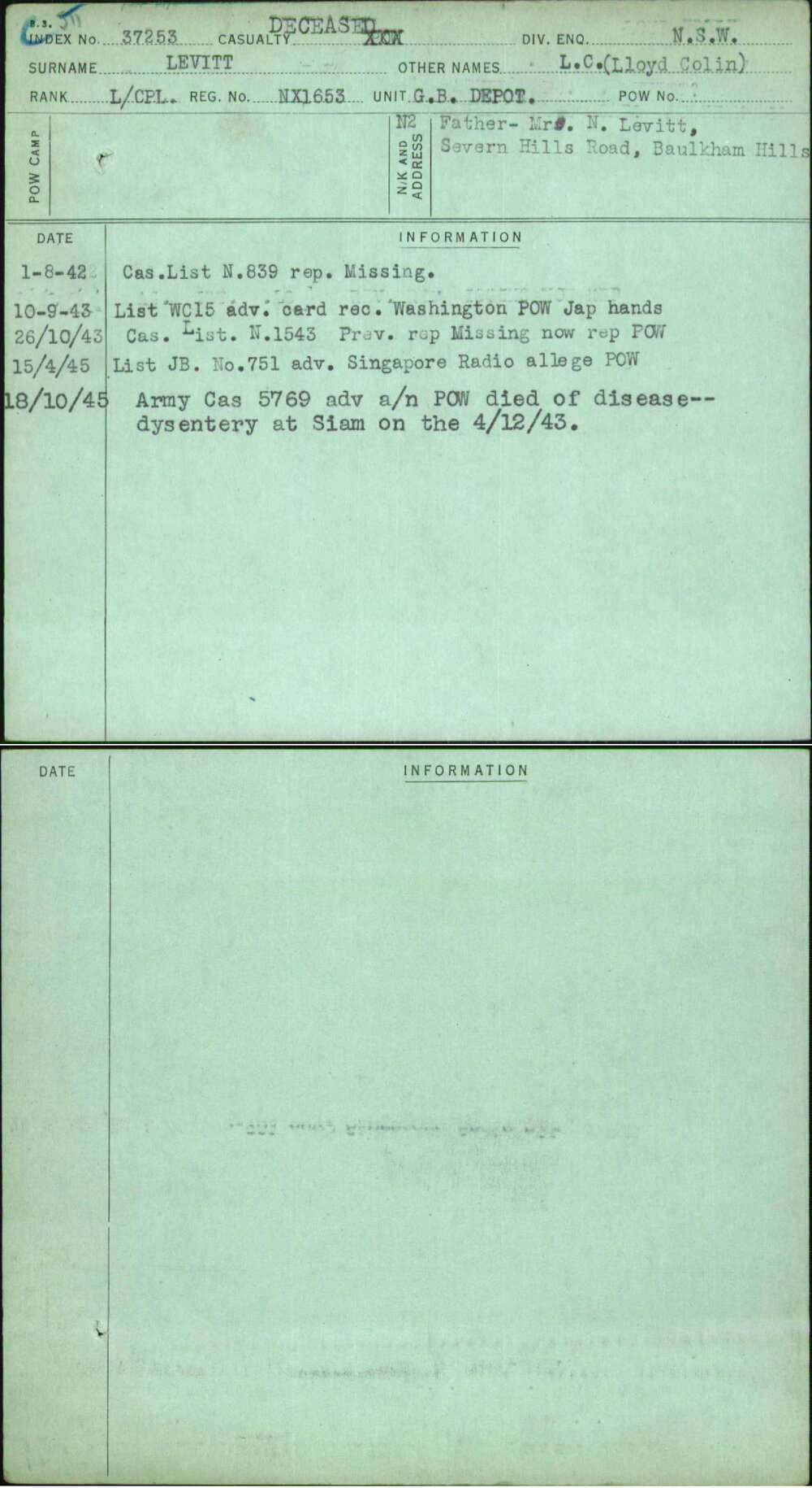 Levitt, L C (Lloyd Colin), NX1653