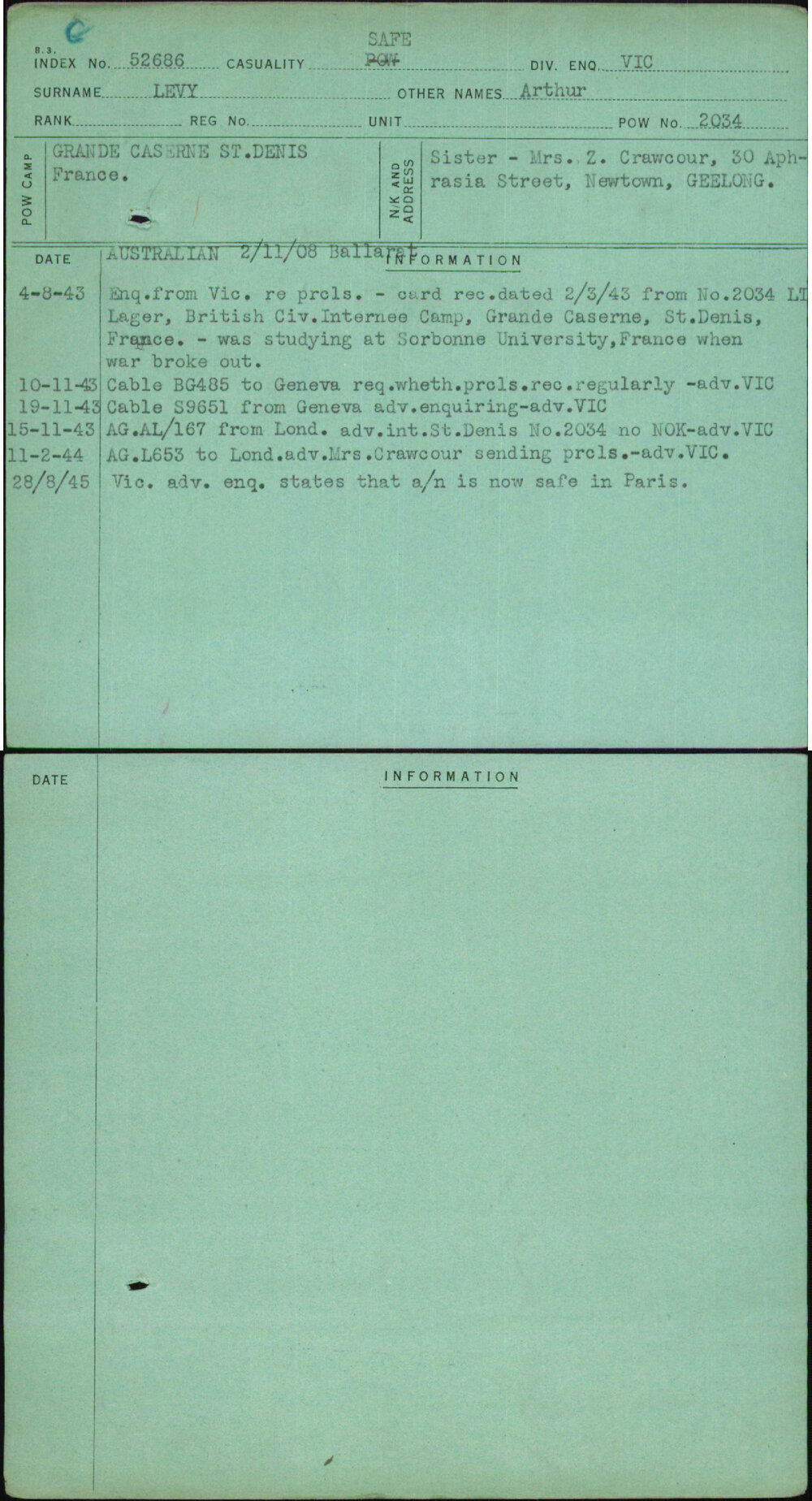 Levy, Arthur, [No Service Number]