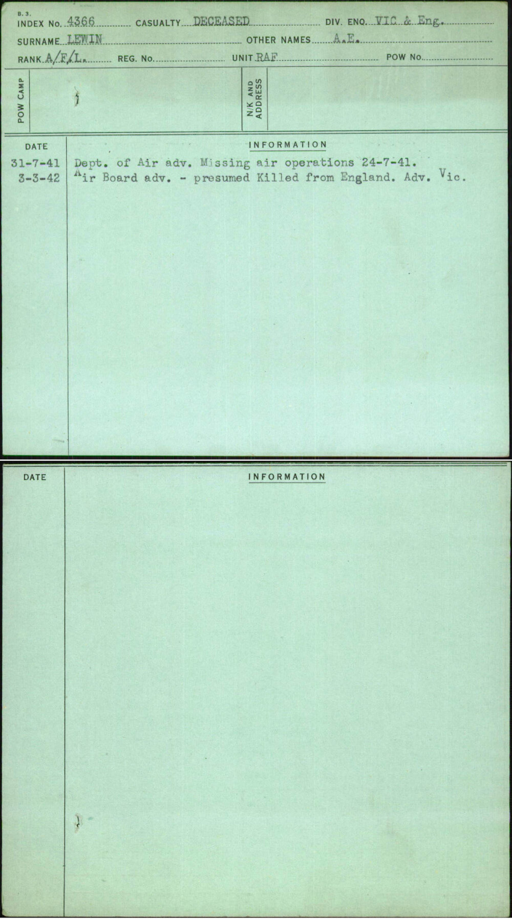 Lewin, A E, [No Service Number]
