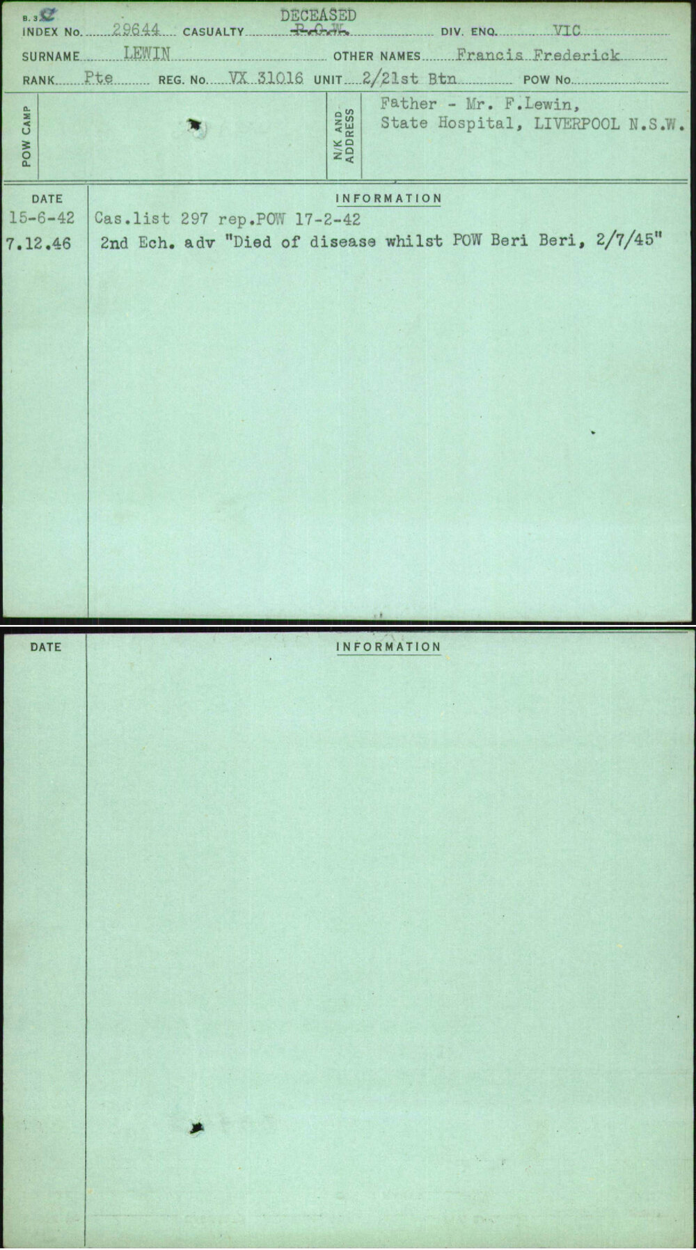 Lewin, Francis Frederick, VX31016