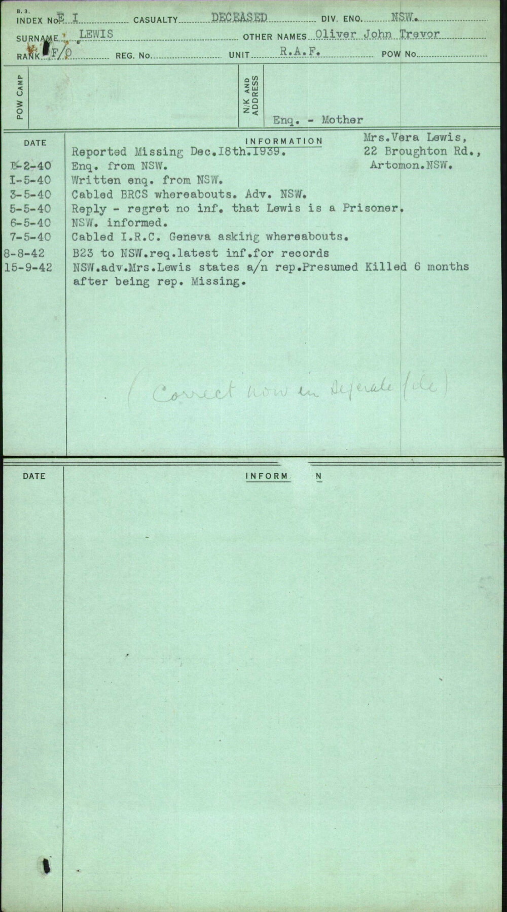 Lewis, Oliver John Trevor, [No Service Number]