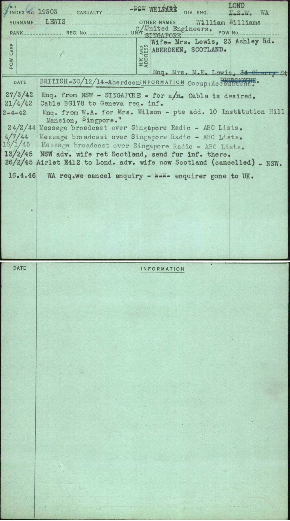 Lewis, William Williams, [No Service Number]