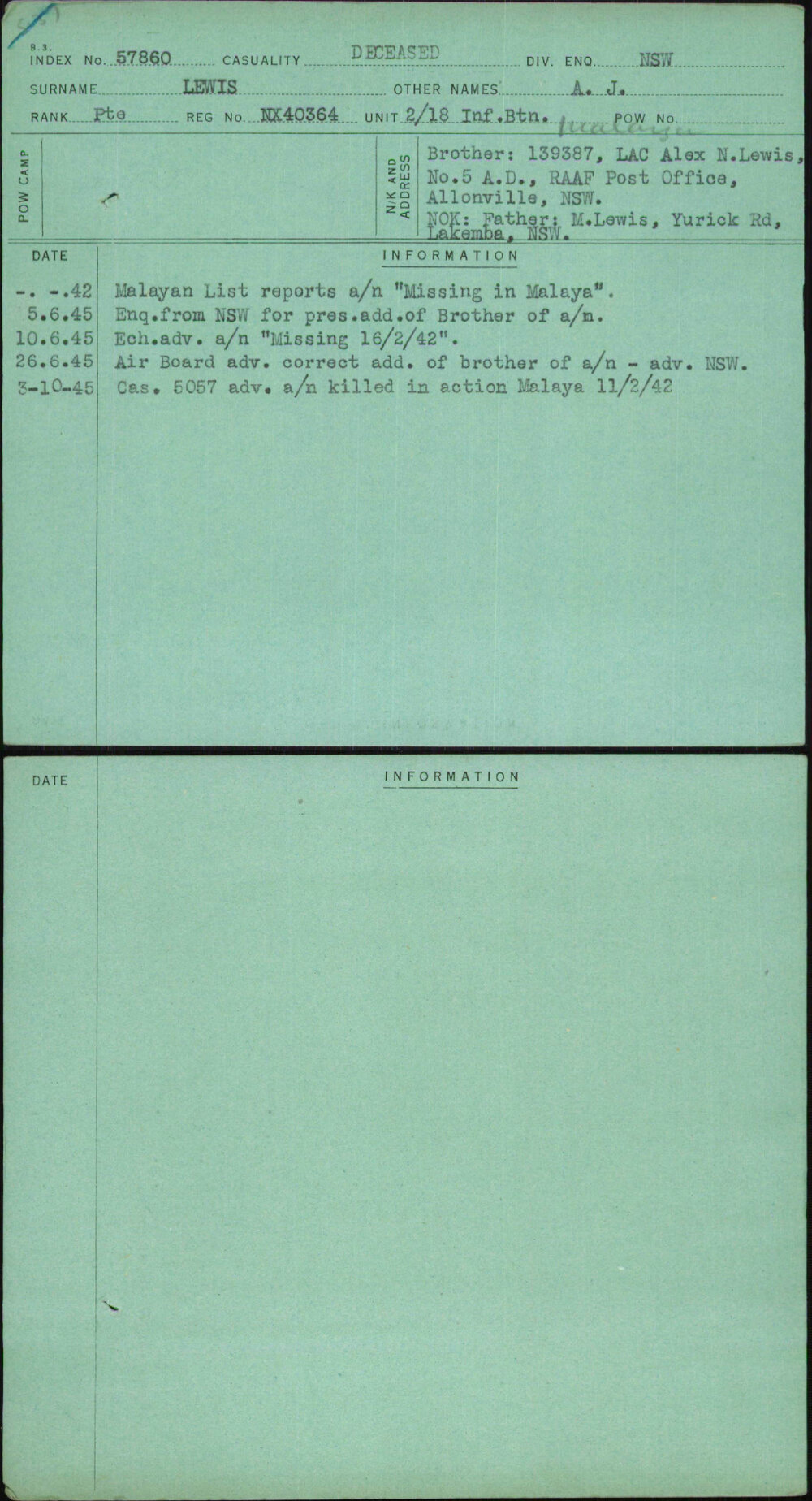 Lewis, A J, NX40364