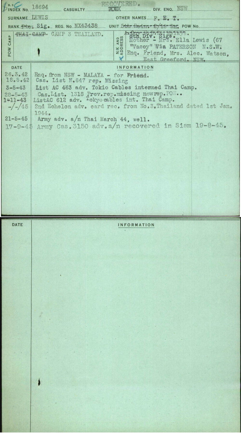 Lewis, F E T, NX43438