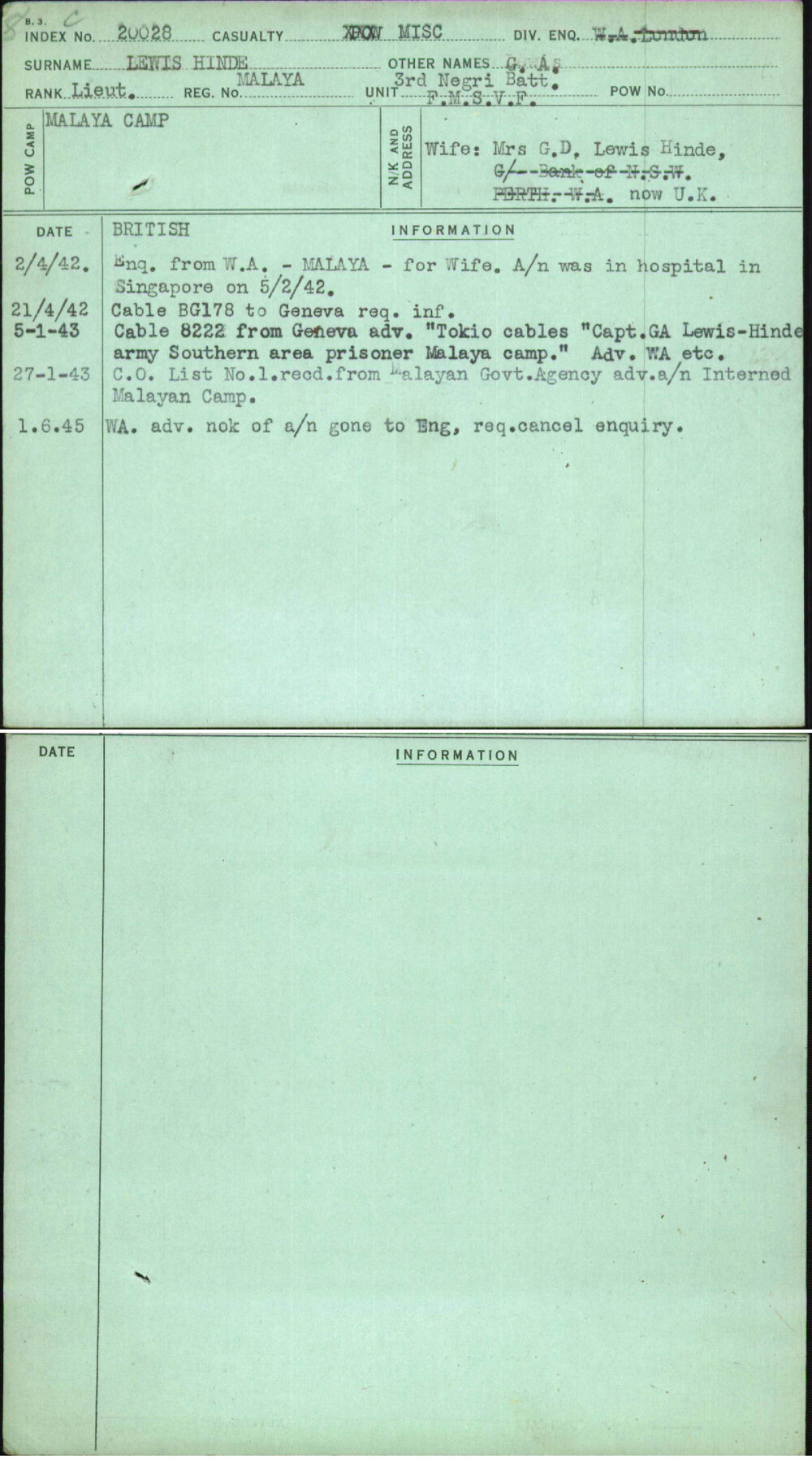 Lewis Hinde, G A, Malaya
