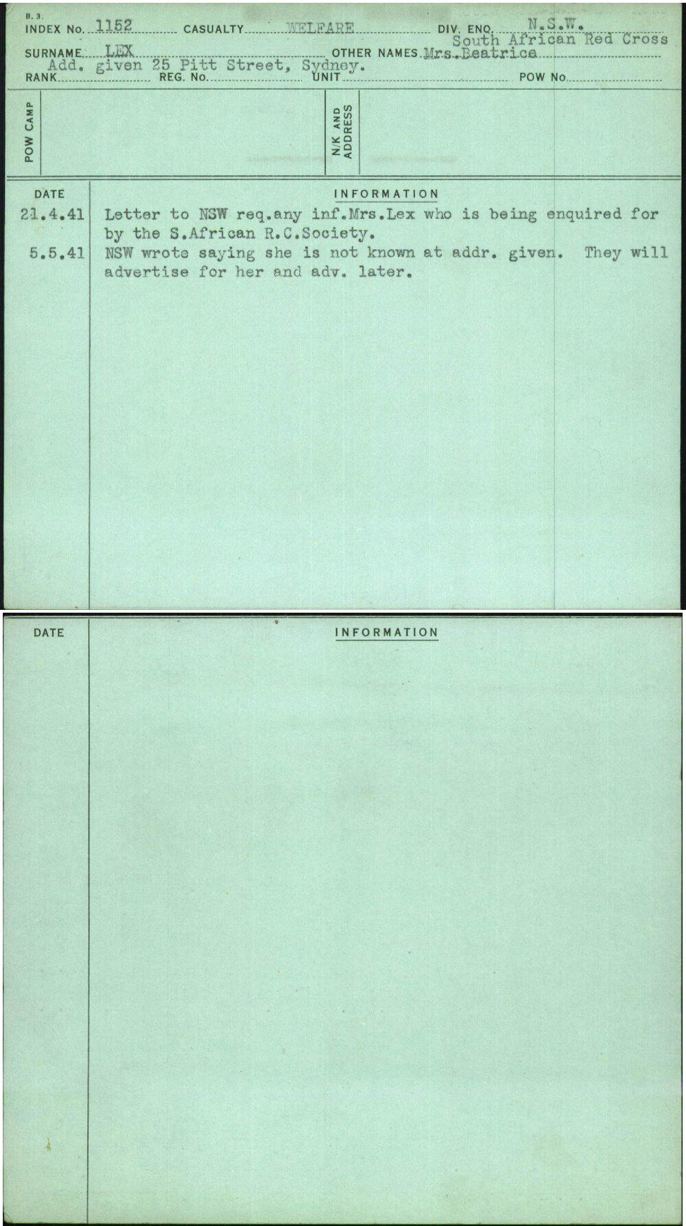 Lex, Mrs Beatrice, [No Service Number]