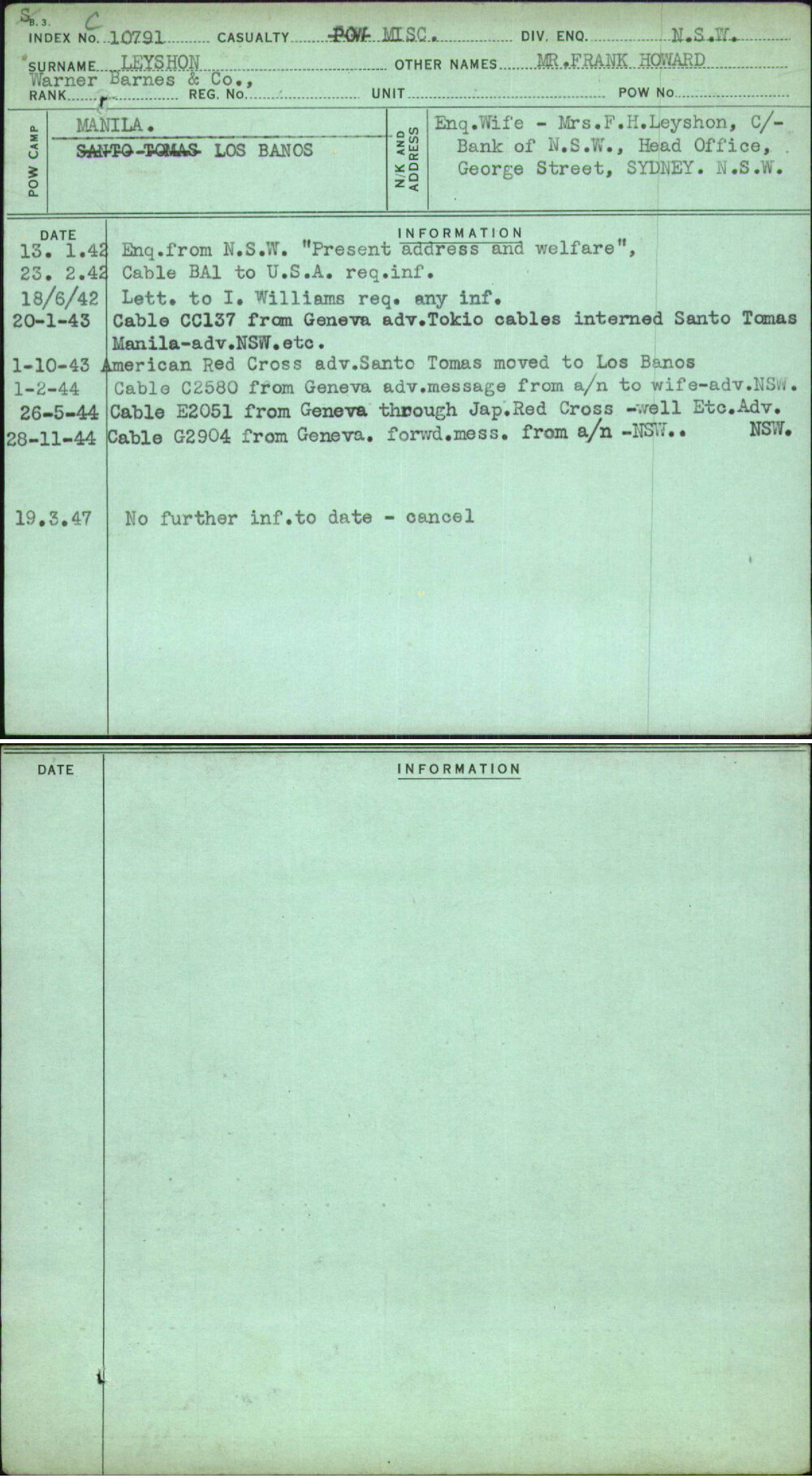 Leyshon, Mr Frank Howard, [No Service Number]