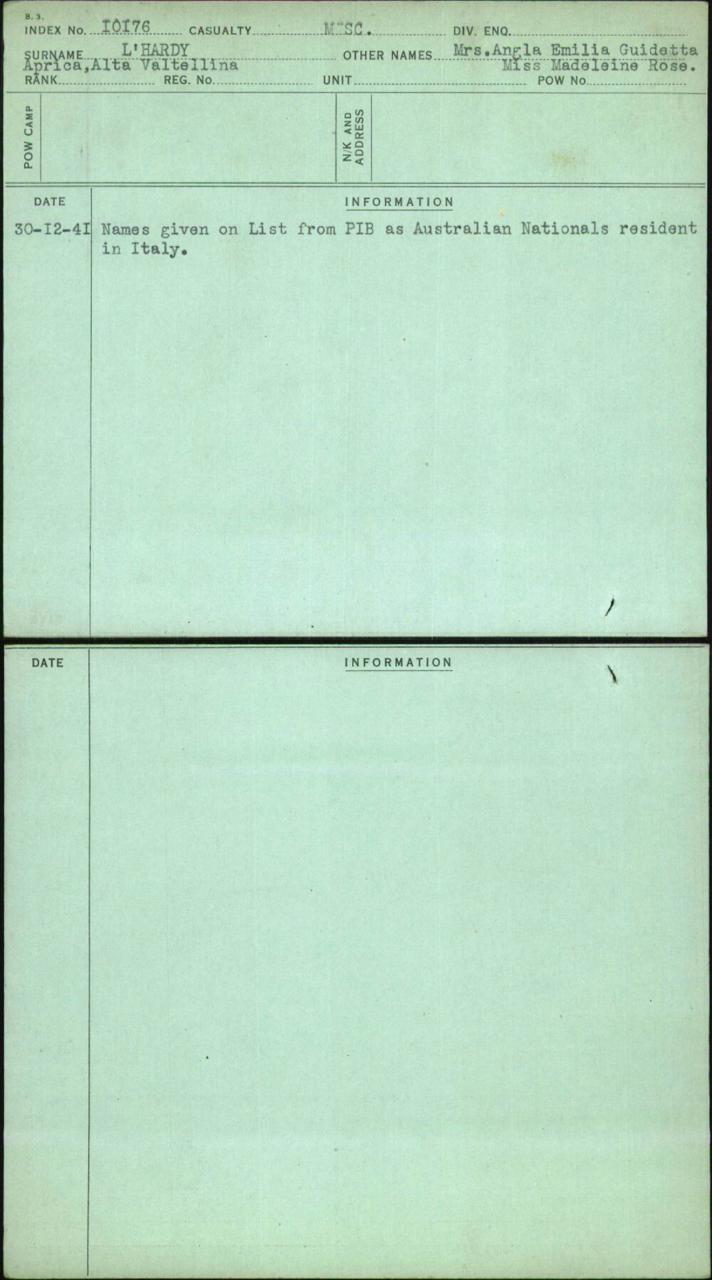 L'Hardy, Mrs Angla Emilia Guidetta Miss Madeleine Rose, [No Service Number]