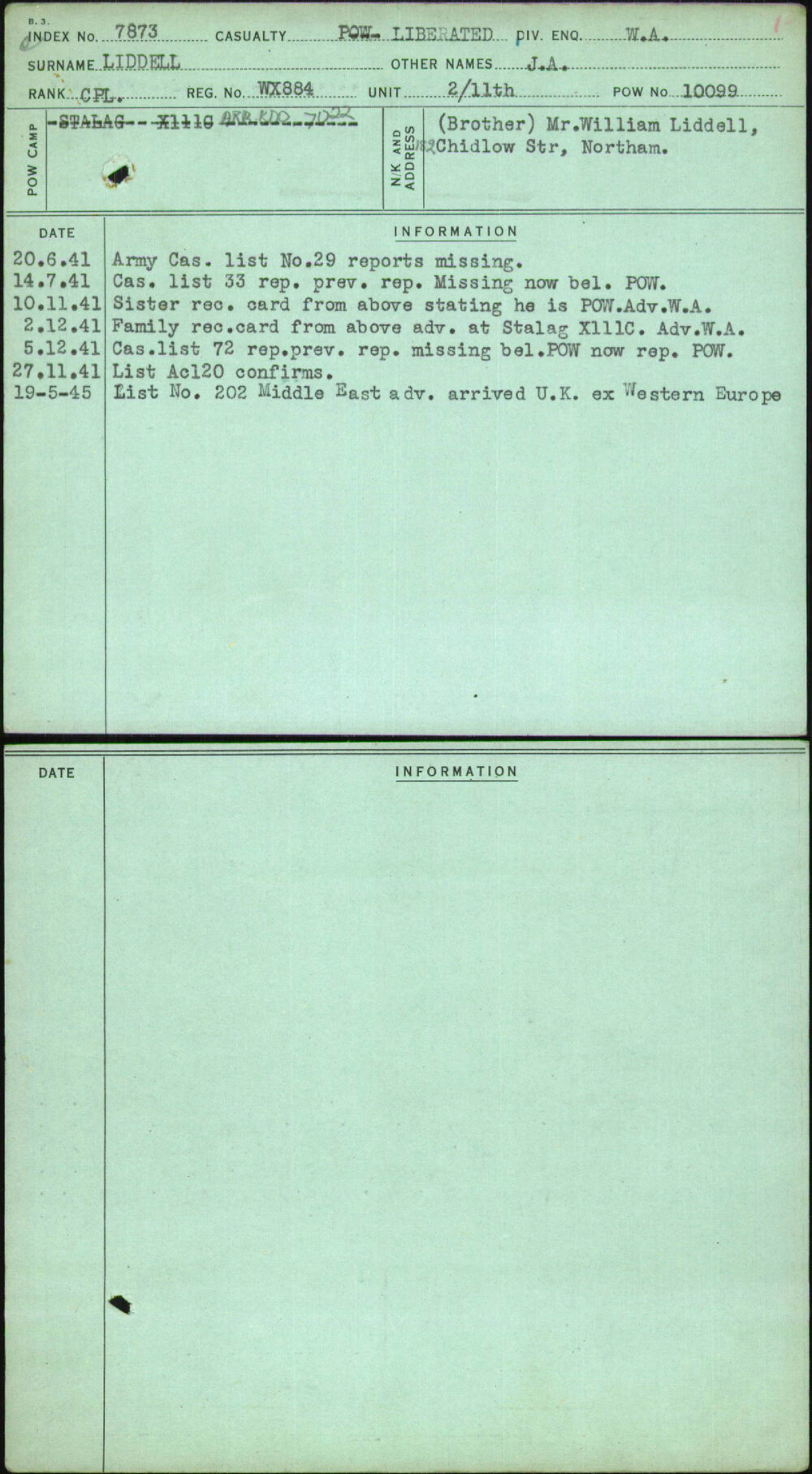 Liddell, J A, WX884