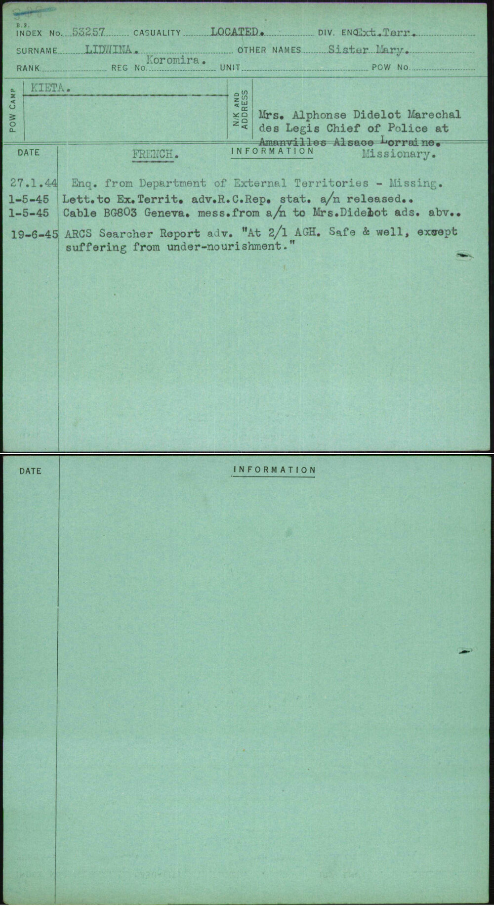 Lidwina, Sister Mary, Koromira