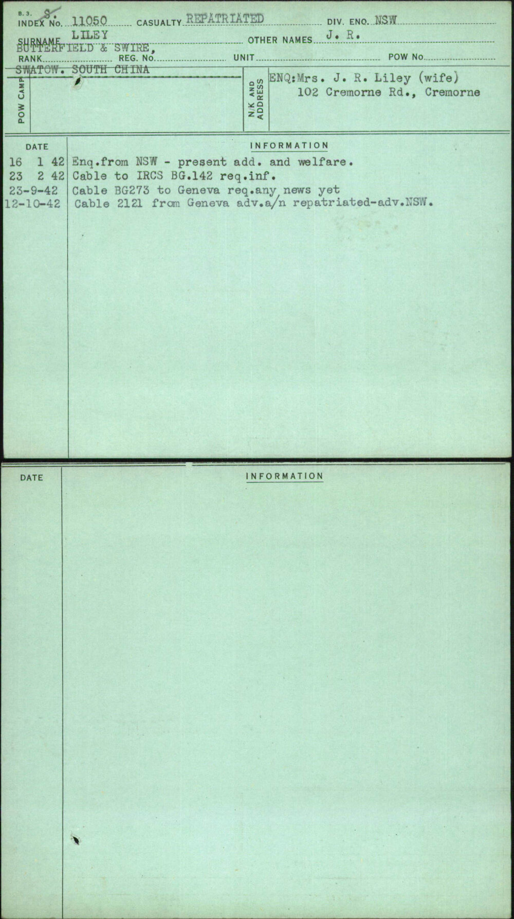 Liley, J R, [No Service Number]