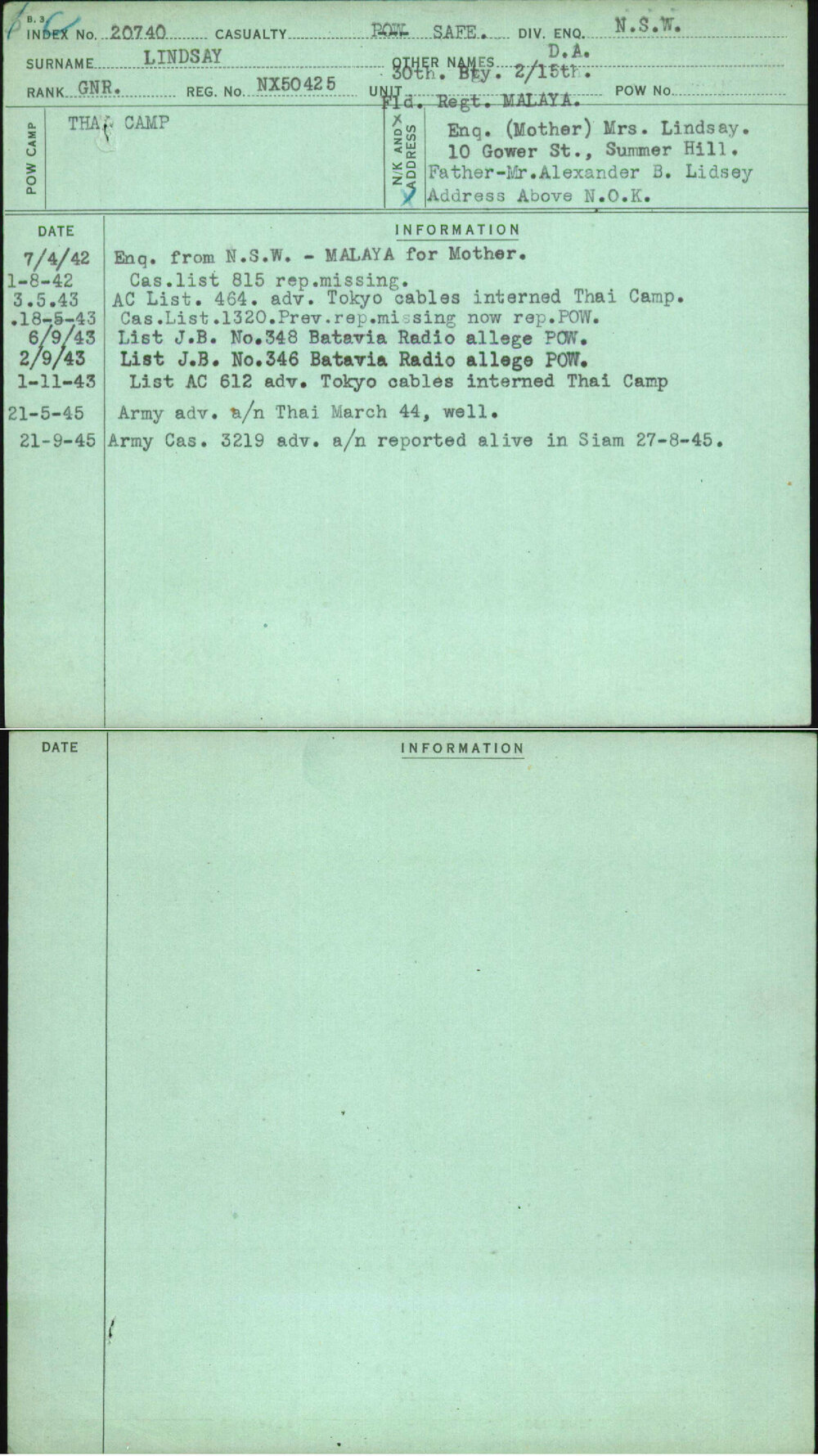 Lindsay, D A, NX50425