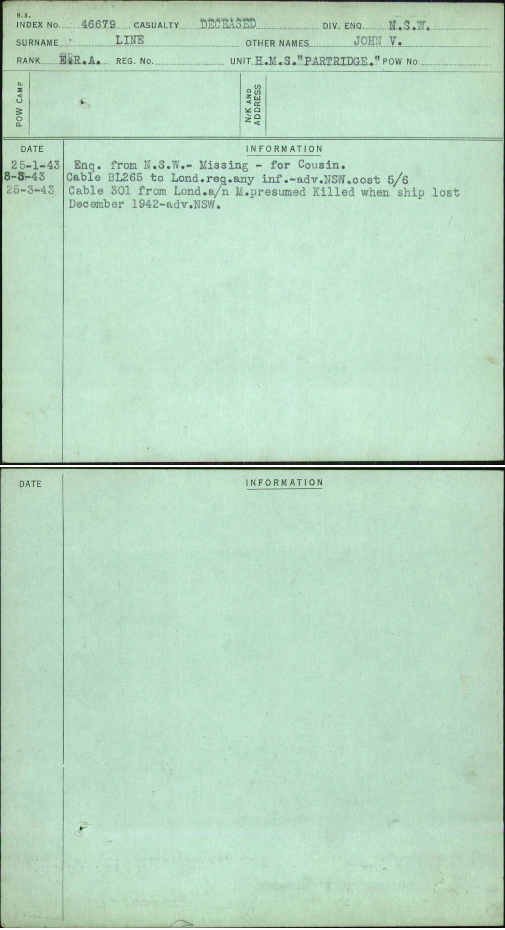 Line, John V, [No Service Number]